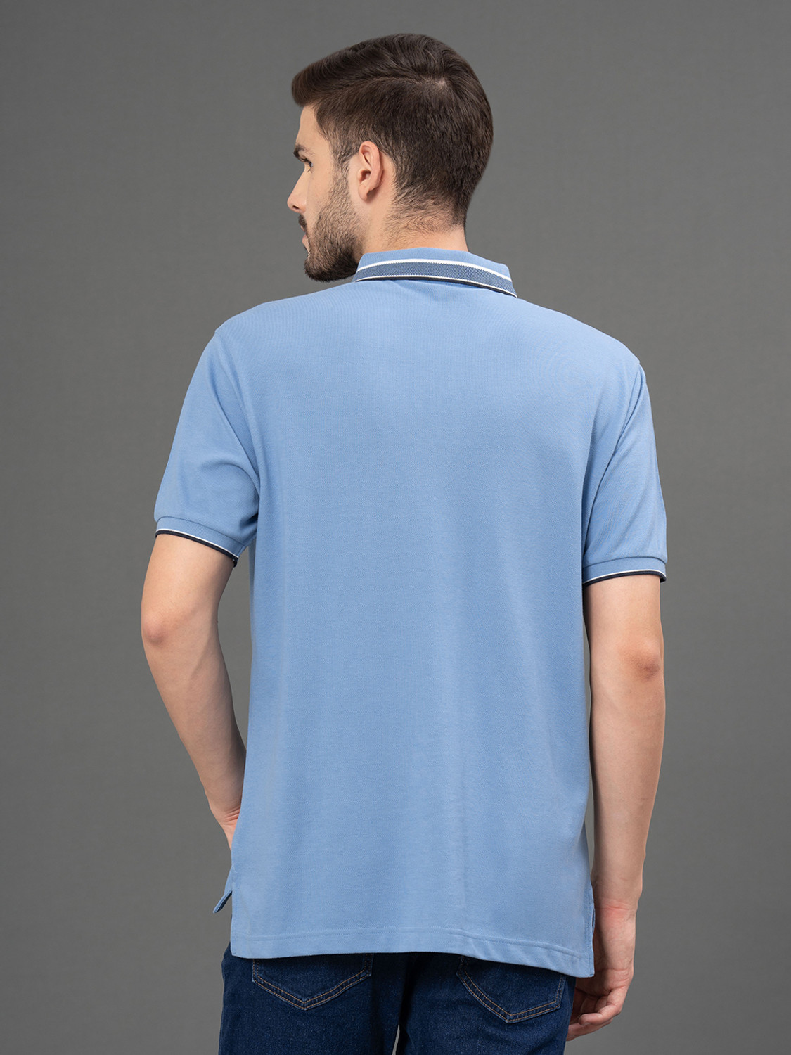 Image of RED TAPE Men Solid Polo Neck Pure Cotton Blue T-Shirt