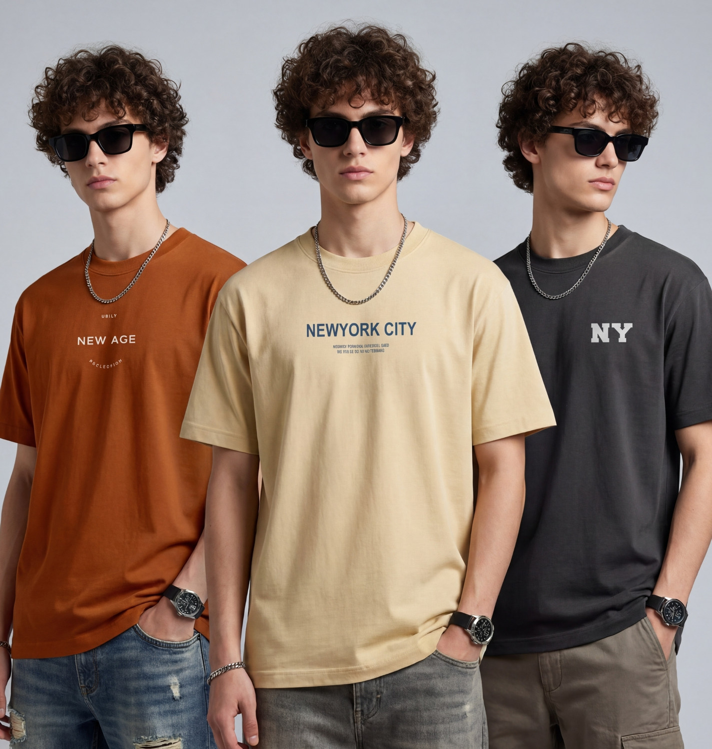 Image of FLYIND VOGUE OUTFIT Pack of 3 Men Typography Round Neck Polycotton Beige, Black, Brown T-Shirt