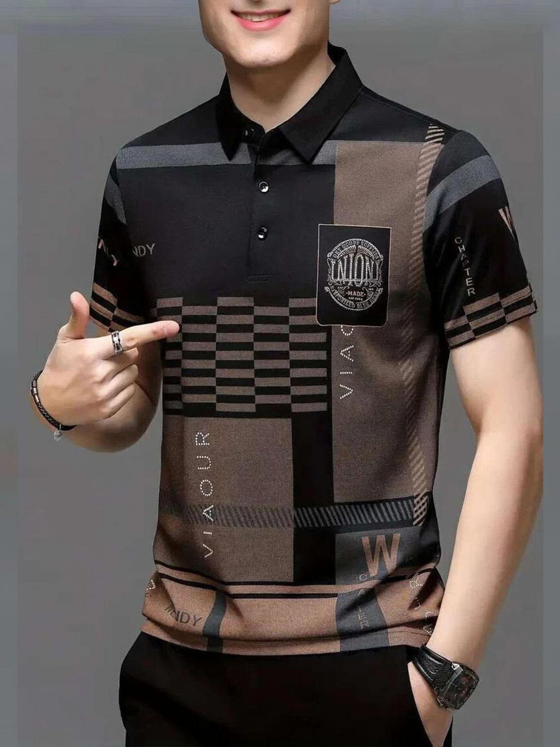 Image of AUSK Men Checkered Polo Neck Cotton Blend Black, Grey T-Shirt