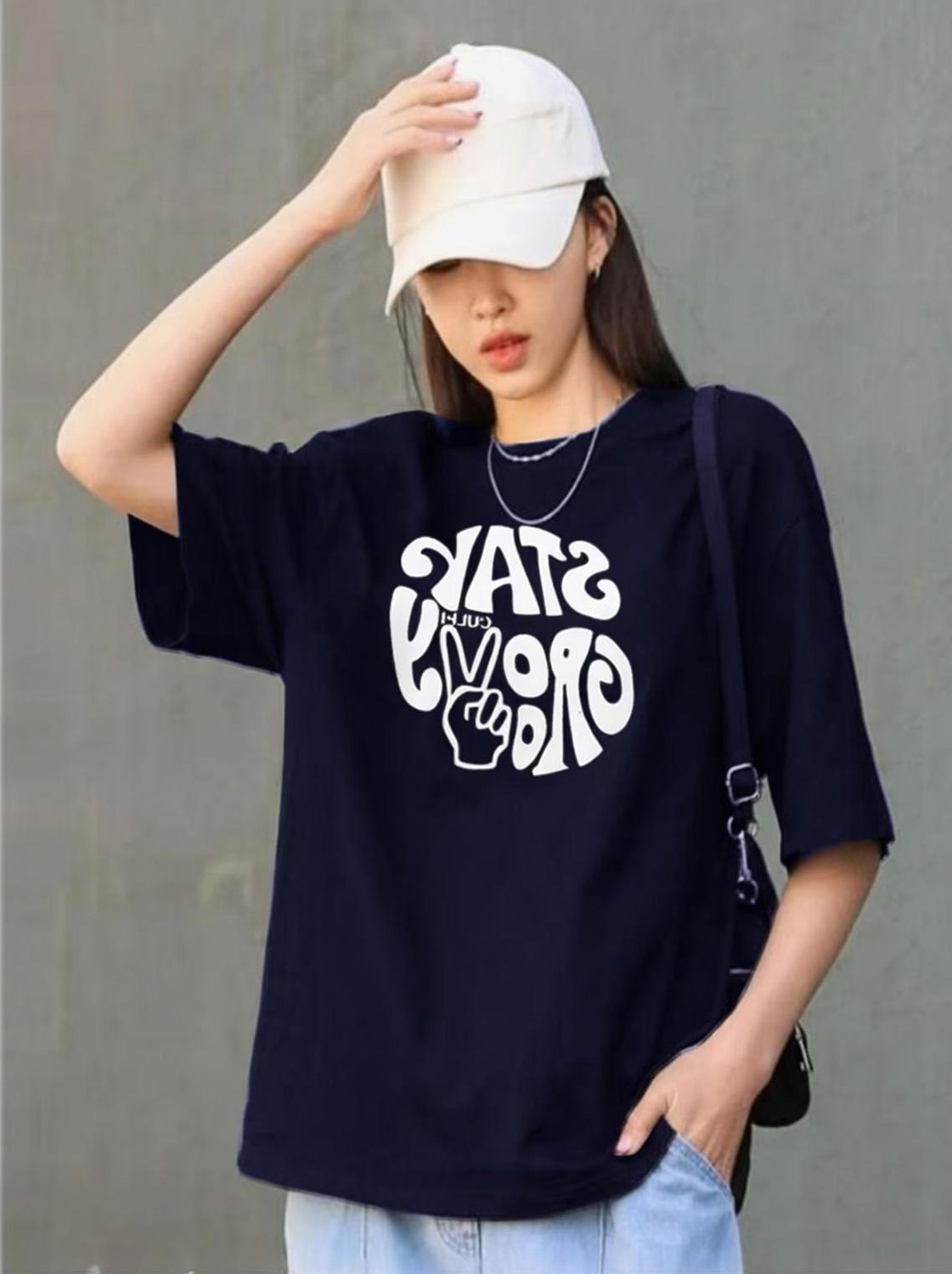 Image of Deklook Women Printed Round Neck Pure Cotton Brown T-Shirt