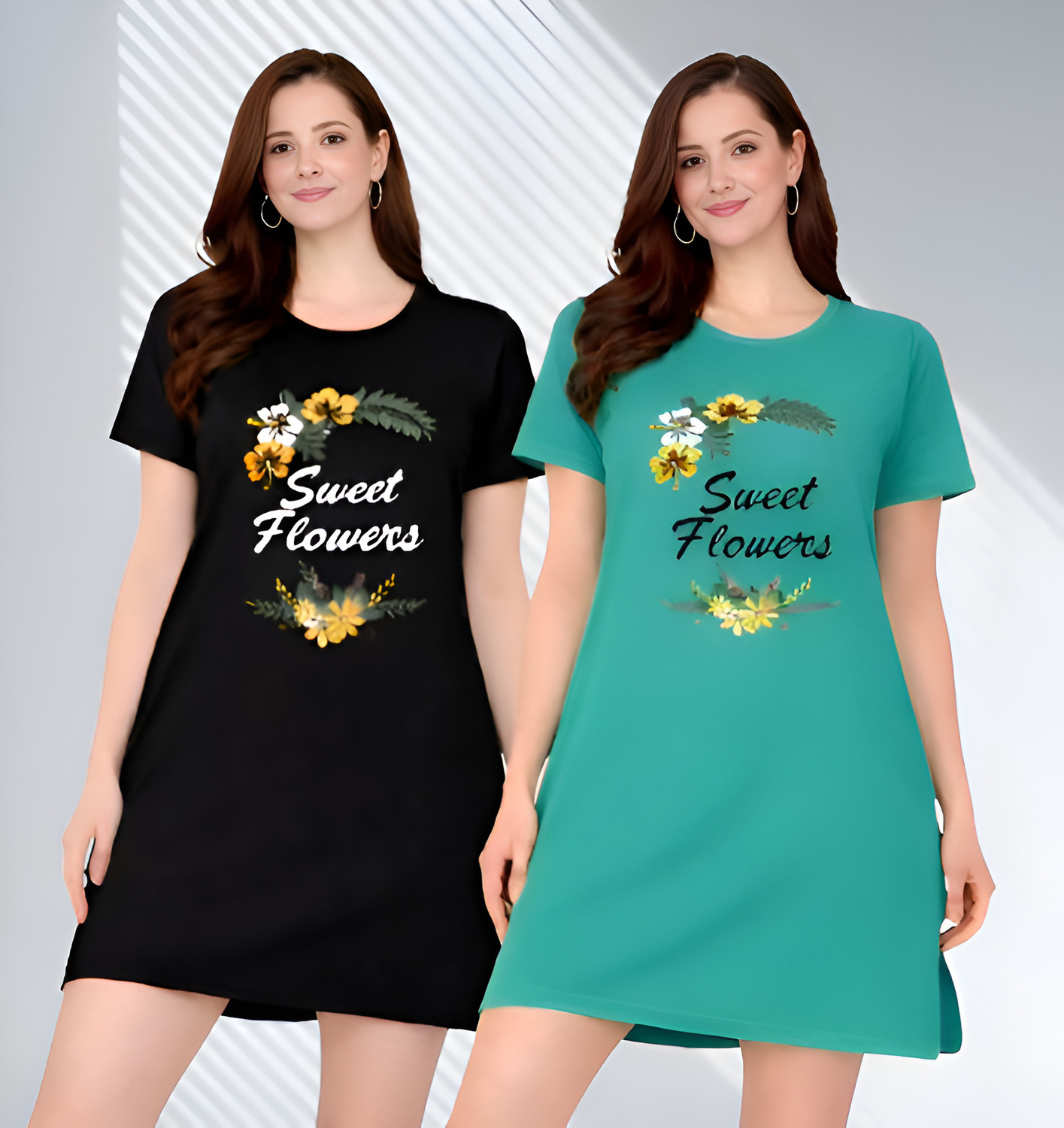 Image of URBE-URBAN EVOLUTION Pack of 2 Women Printed Round Neck Cotton Blend Green T-Shirt