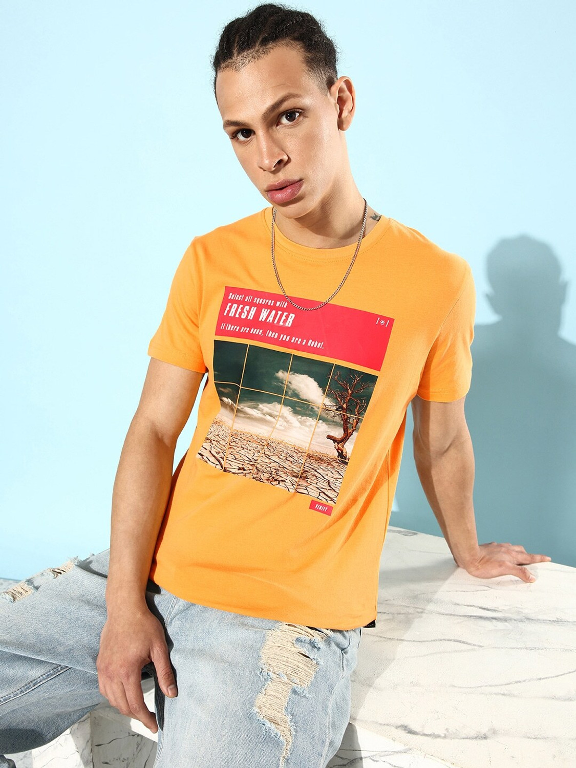 Image of WROGN Men Solid Crew Neck Pure Cotton Yellow T-Shirt