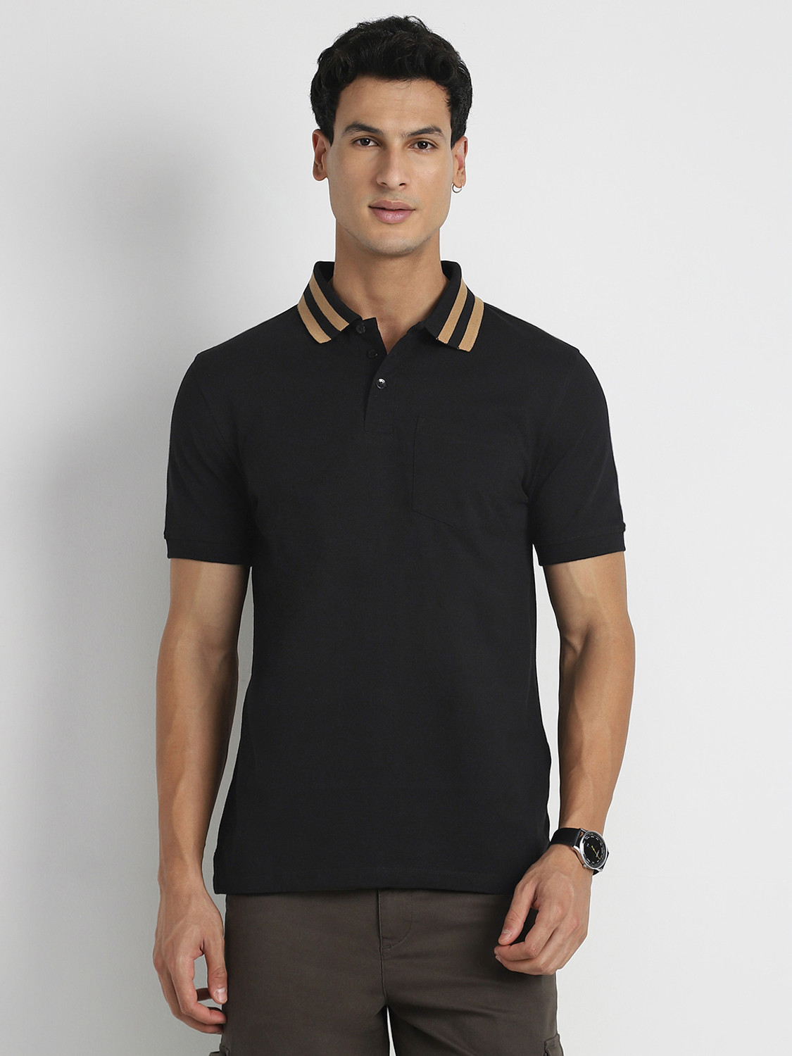 Image of NOBERO Men Printed Round Neck Cotton Blend Black T-Shirt