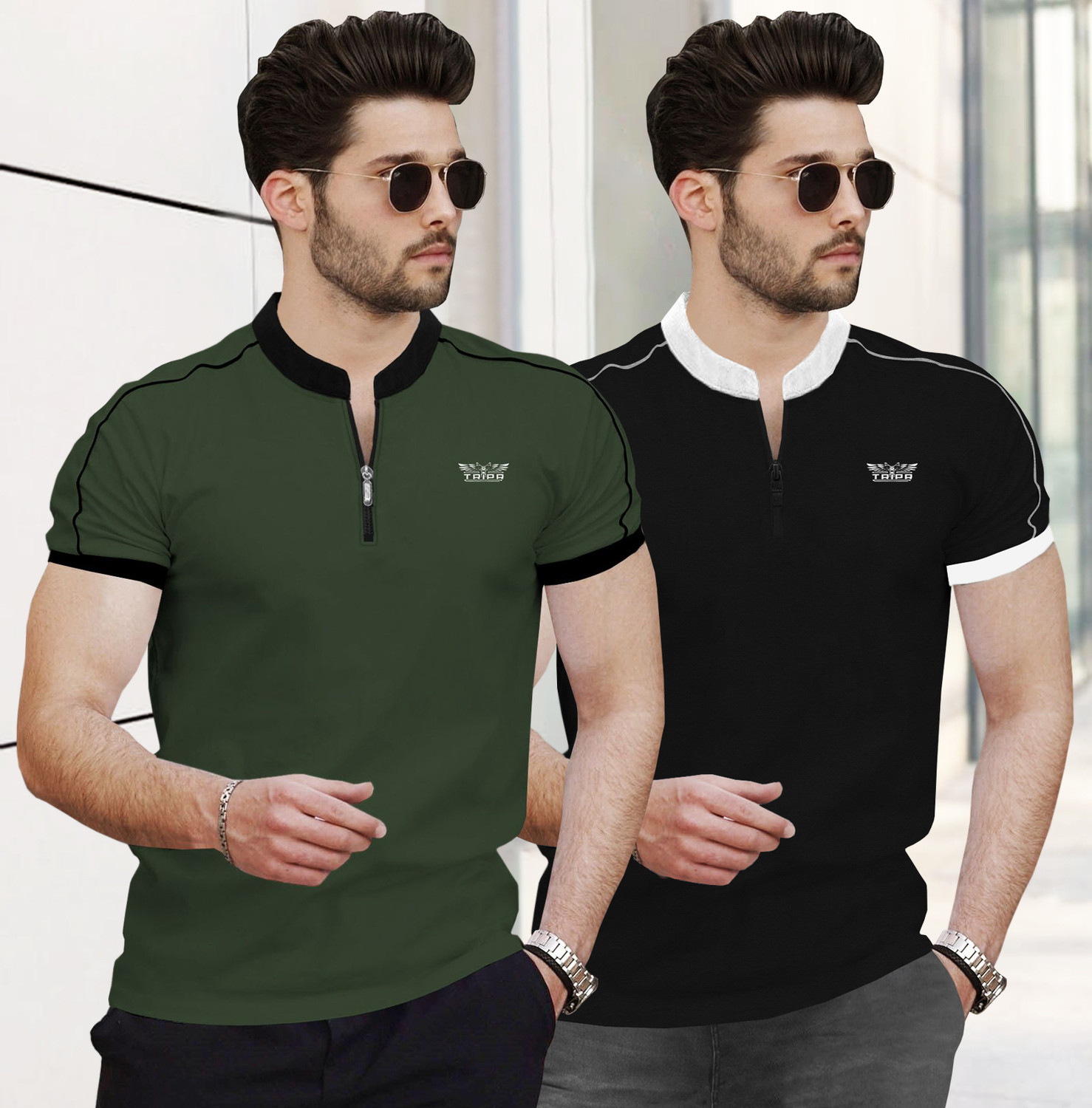 Image of TRIPR Men Solid Mandarin Collar Cotton Blend Navy Blue T-Shirt