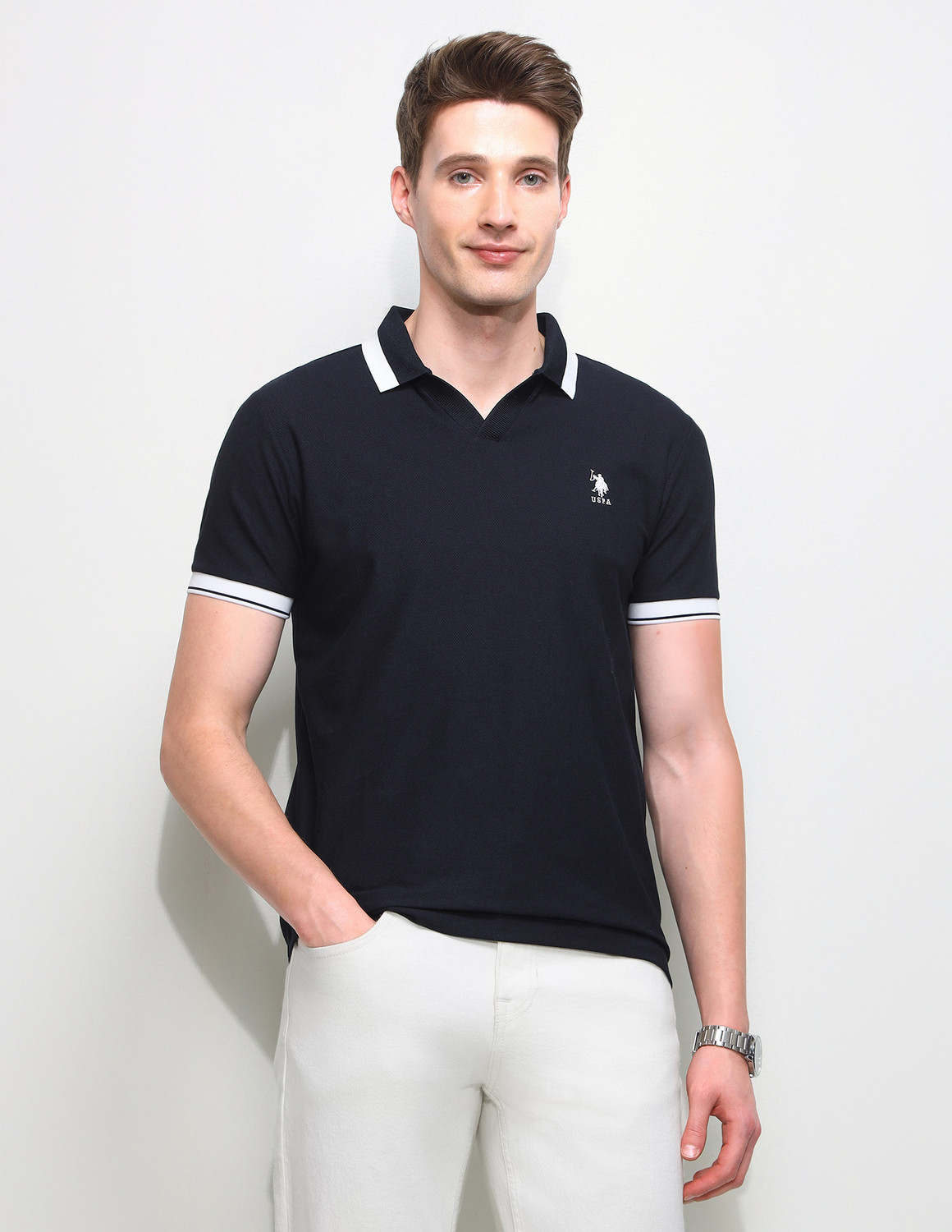 Image of U.S. POLO ASSN. Men Solid Polo Neck Pure Cotton White T-Shirt