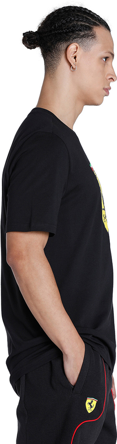 Image of PUMA Ferrari Race Big Shield Tee Colored Men Solid Crew Neck Cotton Blend Black T-Shirt
