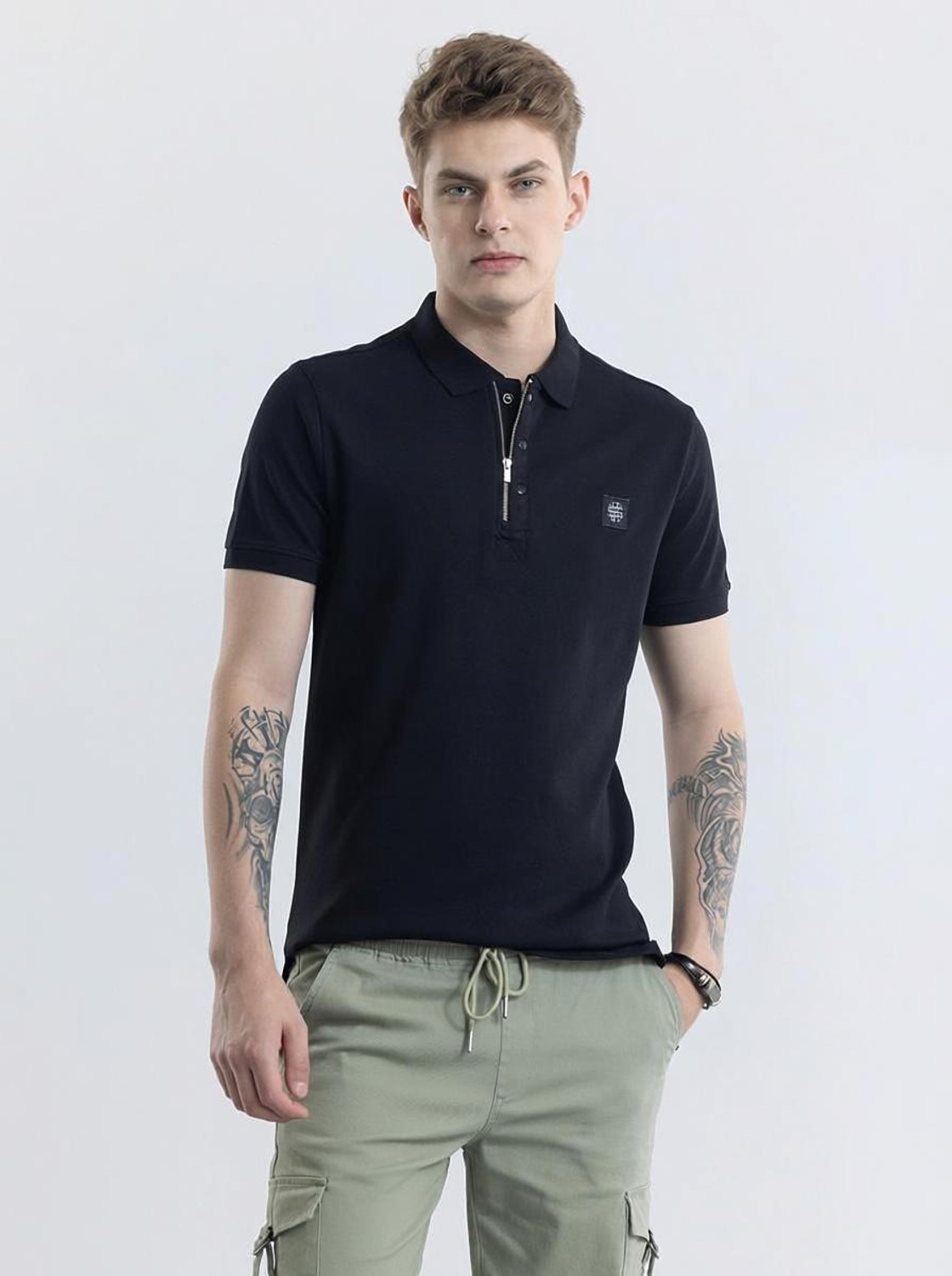 Image of Snitch Men Solid Polo Neck Pure Cotton Black T-Shirt