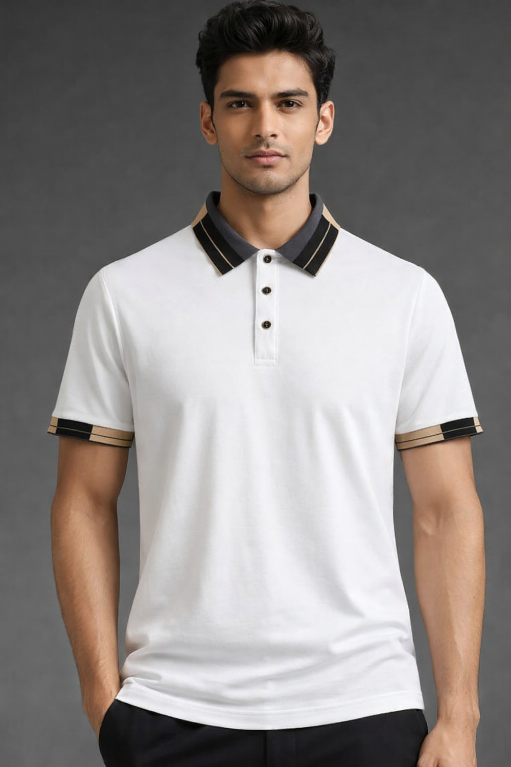 Image of Rikaro Men Solid Polo Neck Cotton Blend White T-Shirt