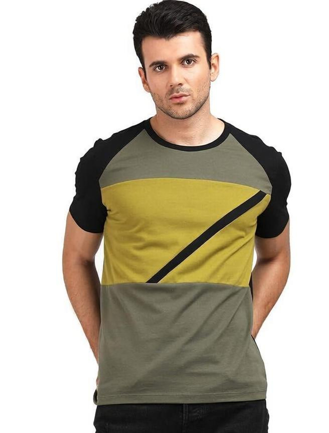 Image of BLIVE Men Printed Hooded Neck Cotton Blend Navy Blue, Yellow T-Shirt
