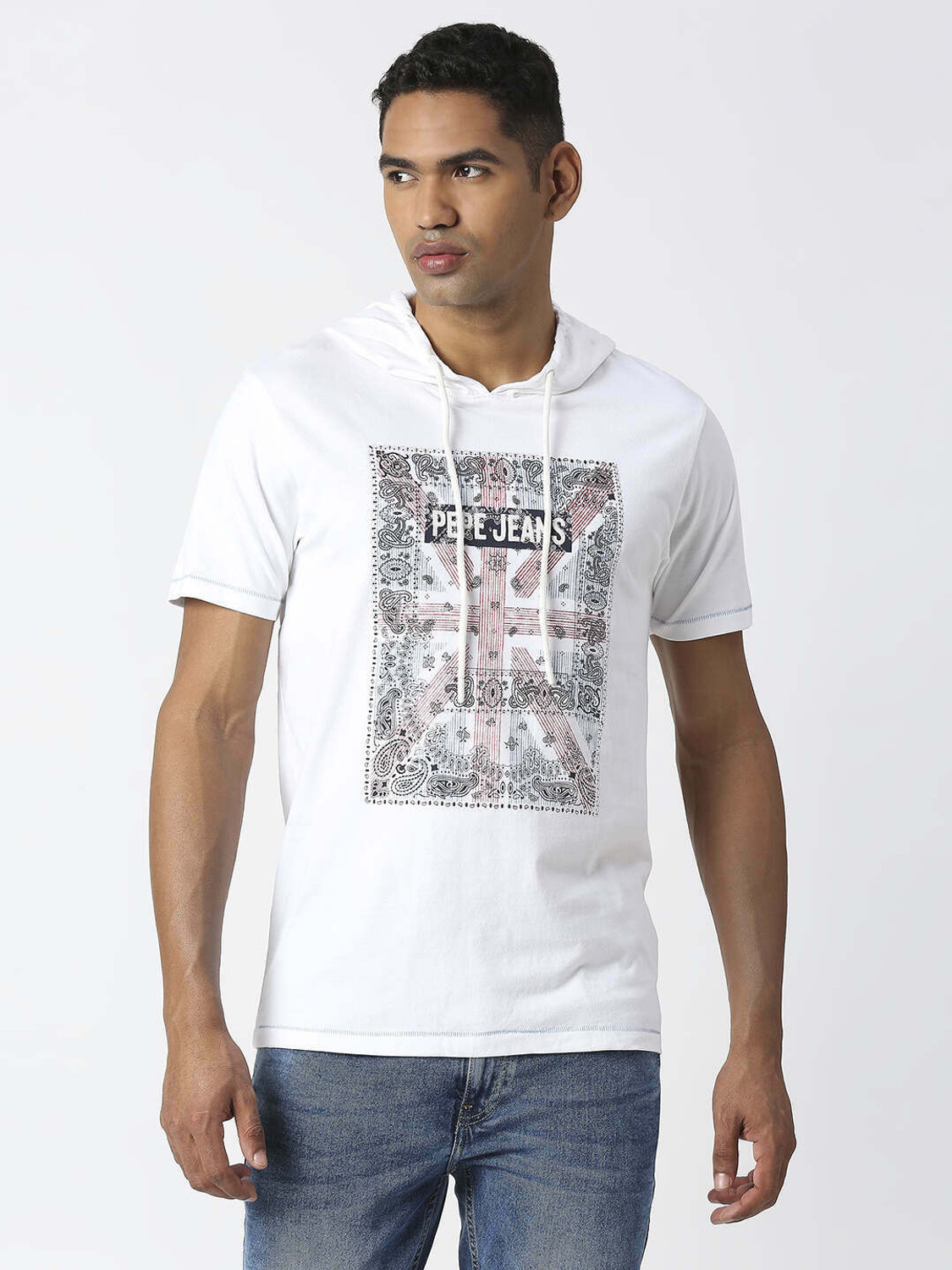 Image of Pepe Jeans Men Printed Hooded Neck Pure Cotton White T-Shirt
