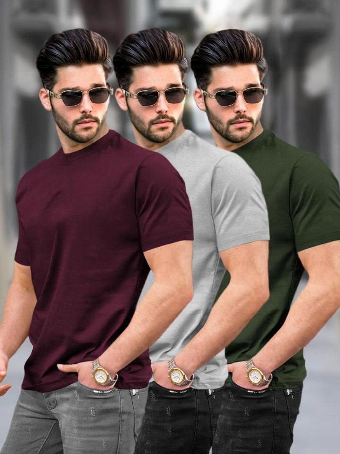 Image of TRIPR Men Solid Mandarin Collar Cotton Blend Grey T-Shirt