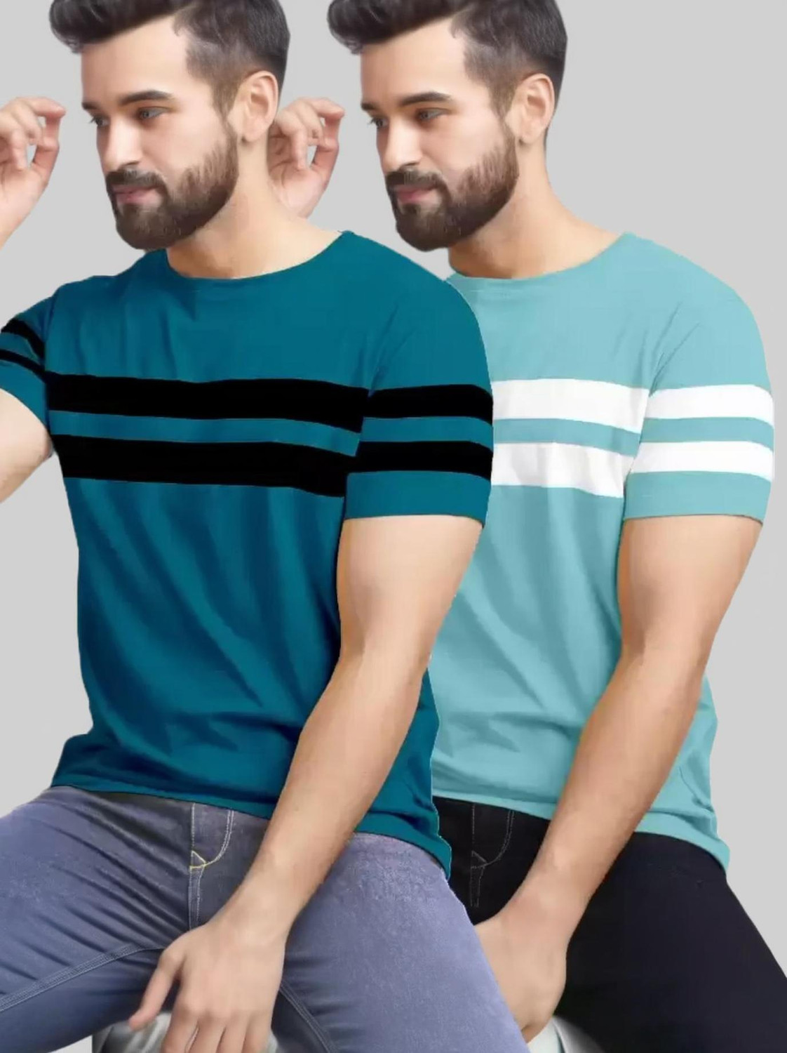 Image of R RIDACHY Pack of 2 Men Striped Round Neck Cotton Blend Multicolor T-Shirt
