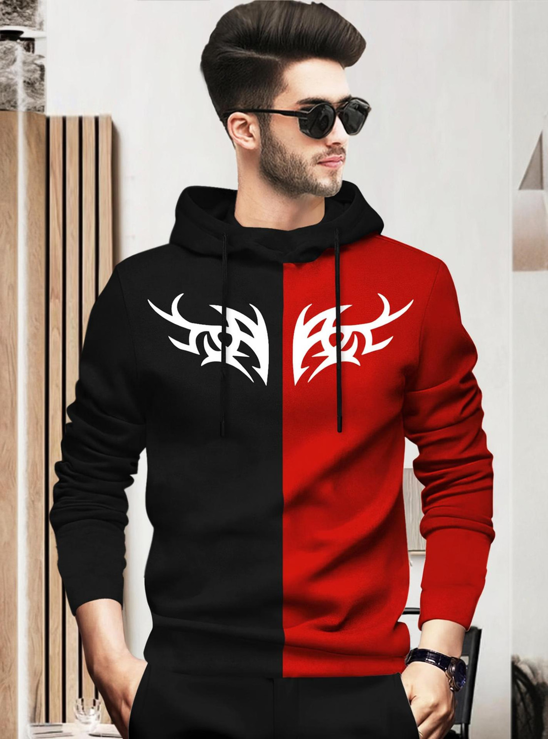 Image of BLIVE Men Printed Hooded Neck Cotton Blend Navy Blue, Yellow T-Shirt