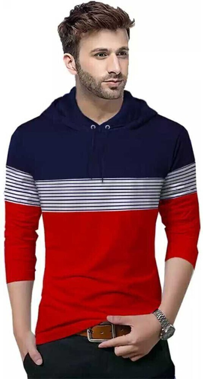 Image of BLIVE Men Printed Hooded Neck Cotton Blend Navy Blue, Red T-Shirt