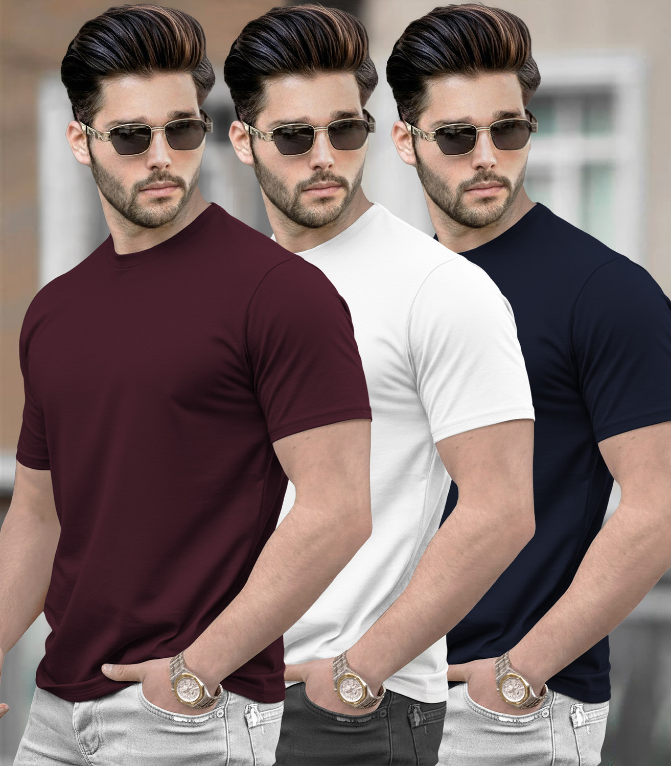 Image of Bullmer Pack of 2 Men Printed Round Neck Cotton Blend Multicolor T-Shirt