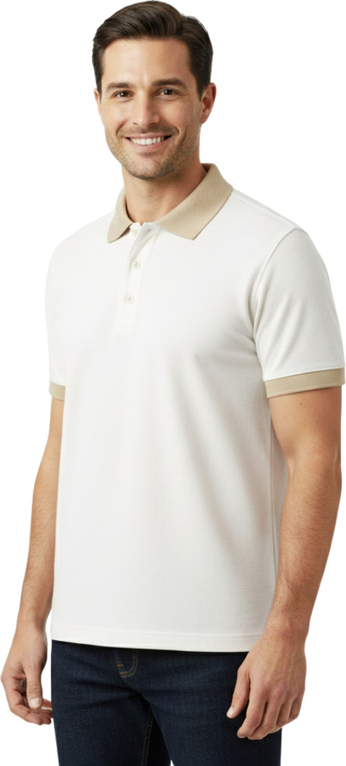 Image of Rikaro Men Solid Polo Neck Cotton Blend White T-Shirt