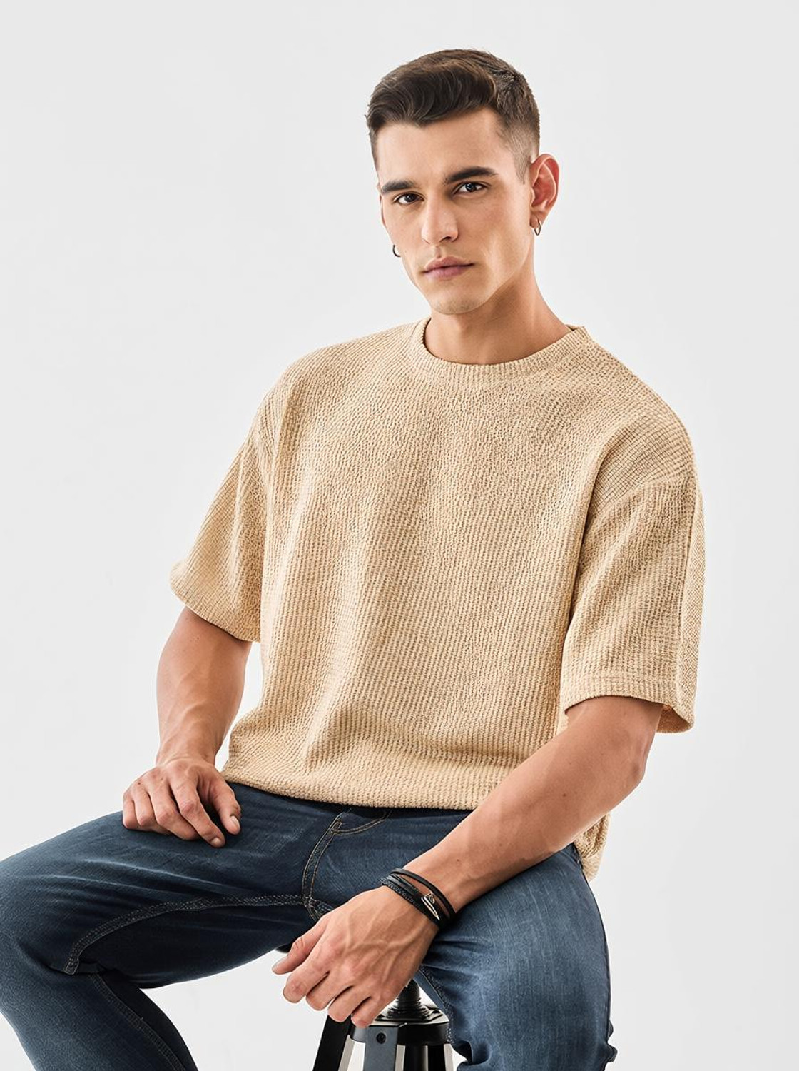 Snitch Men Beige Polyester Crew Neck T-Shirt - Image 1