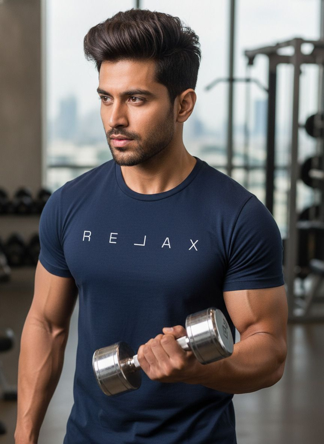 Image of French Elora Men Typography Round Neck Polyester Navy Blue T-Shirt