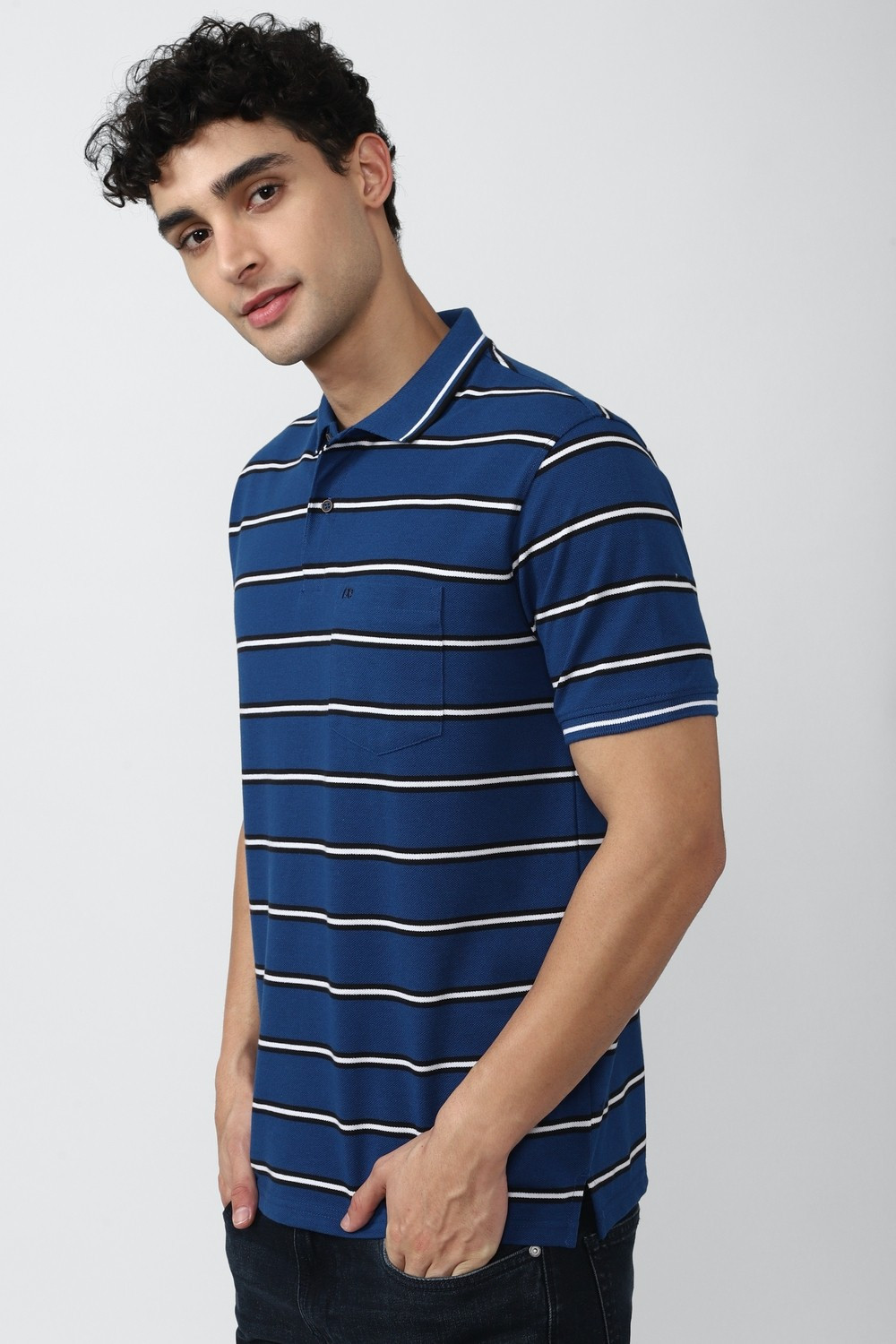 Image of PETER ENGLAND Men Striped Polo Neck Polycotton Blue T-Shirt