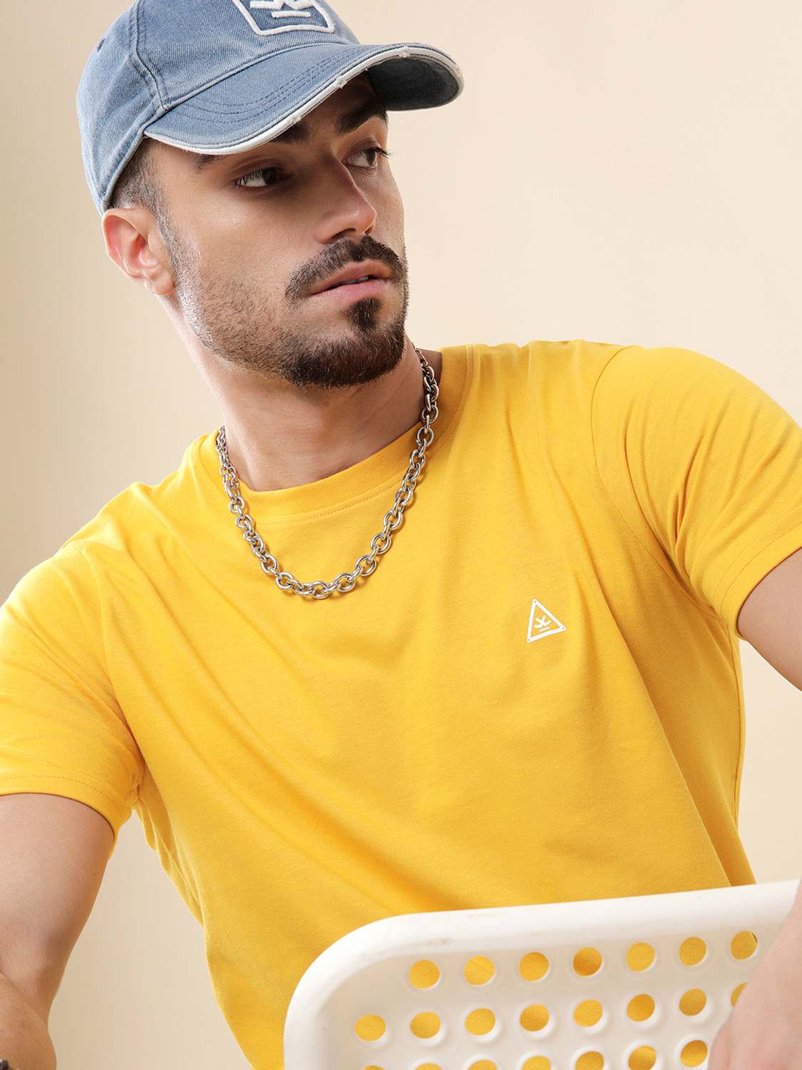 Image of WROGN Men Solid Crew Neck Pure Cotton Yellow T-Shirt