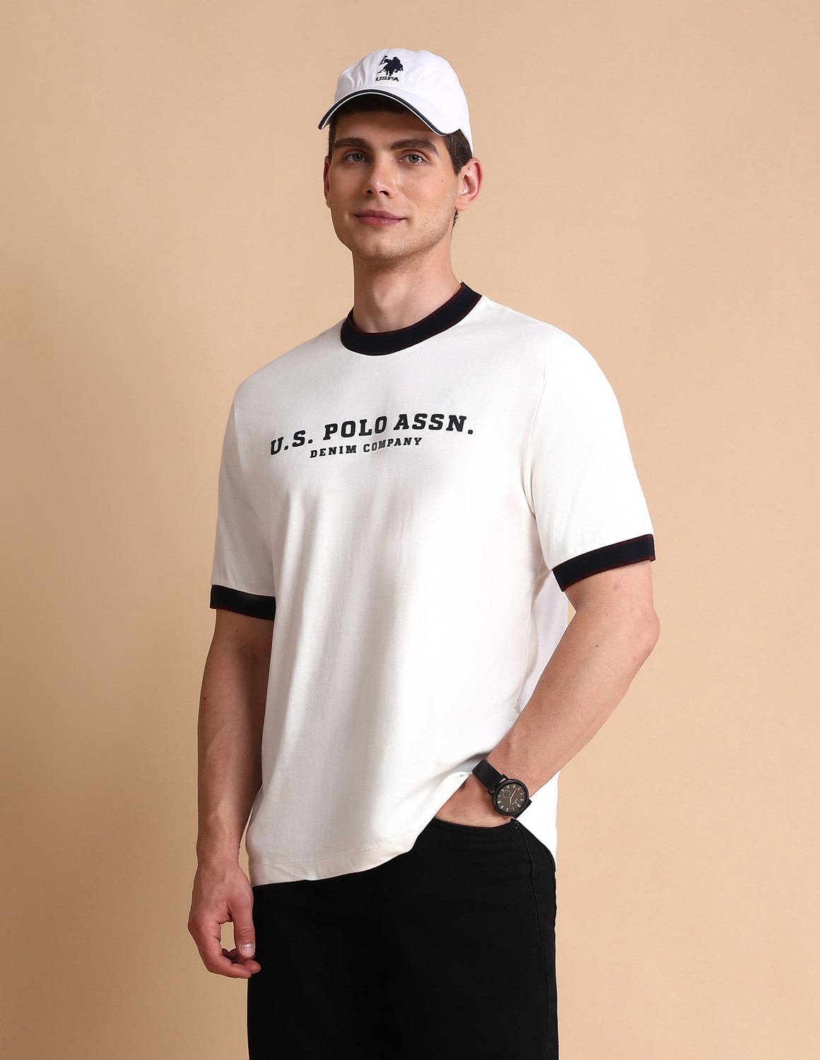 Image of NOBERO Men Printed Round Neck Cotton Blend Black T-Shirt