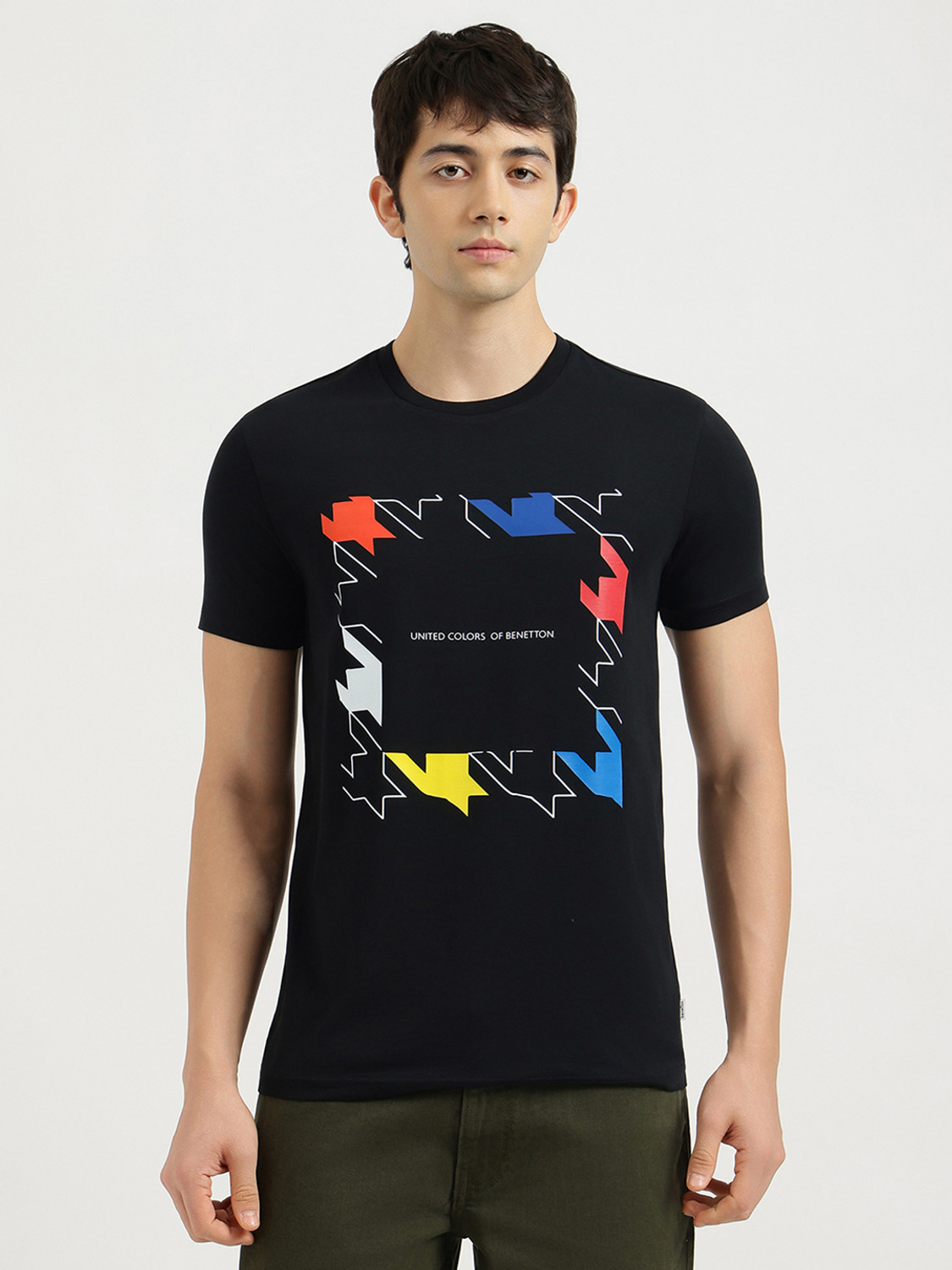 Image of United Colors of Benetton Men Solid High Neck Pure Cotton Navy Blue T-Shirt