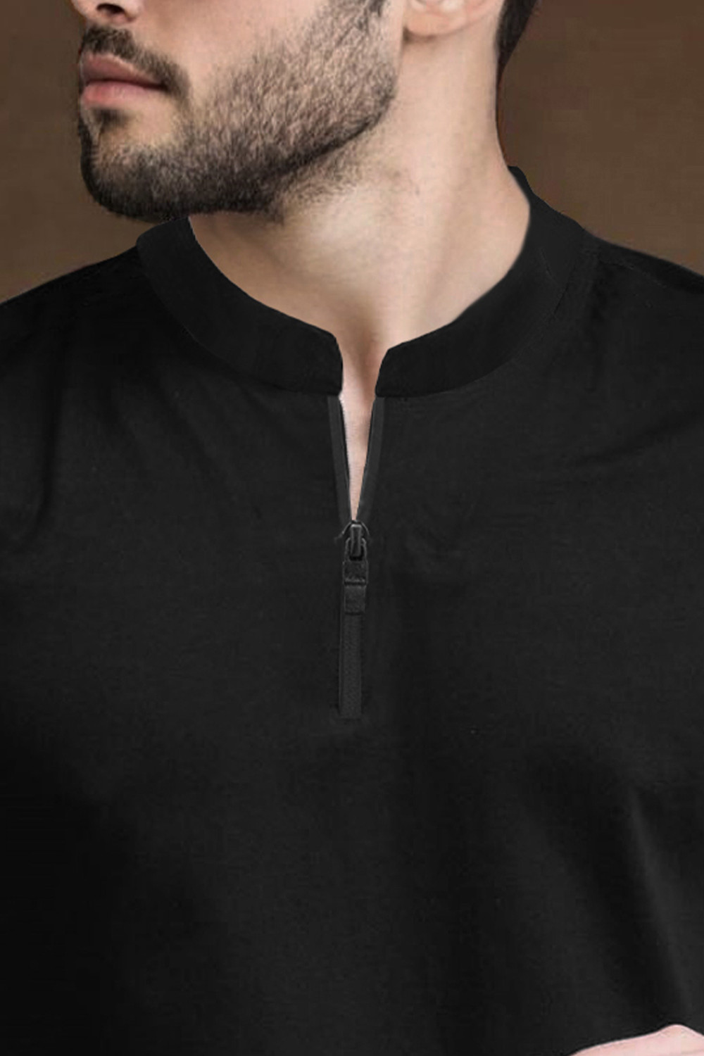 Image of TRIPR Men Solid Mandarin Collar Cotton Blend Black T-Shirt