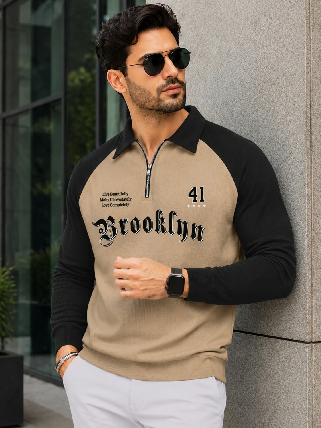 Image of Jump Cuts Men Printed Polo Neck Cotton Blend Beige T-Shirt