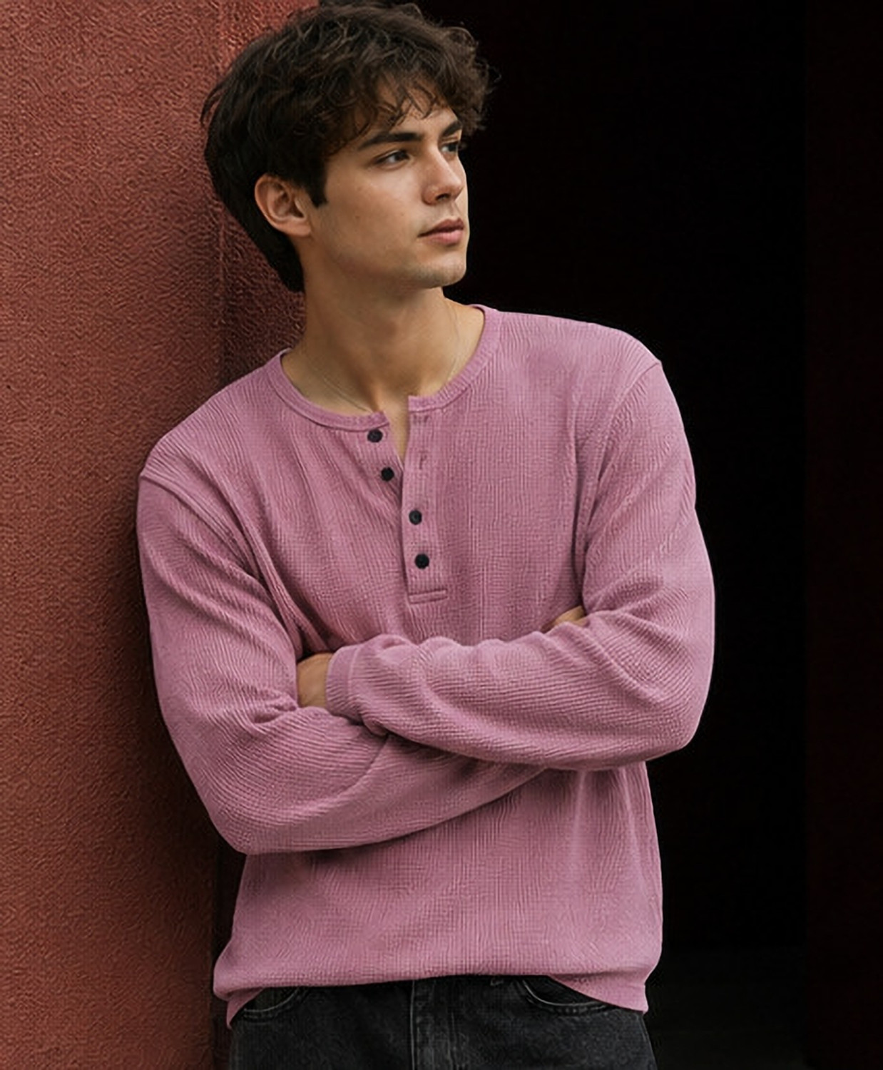 Image of NOOK Men Self Design Henley Neck Cotton Blend Pink T-Shirt