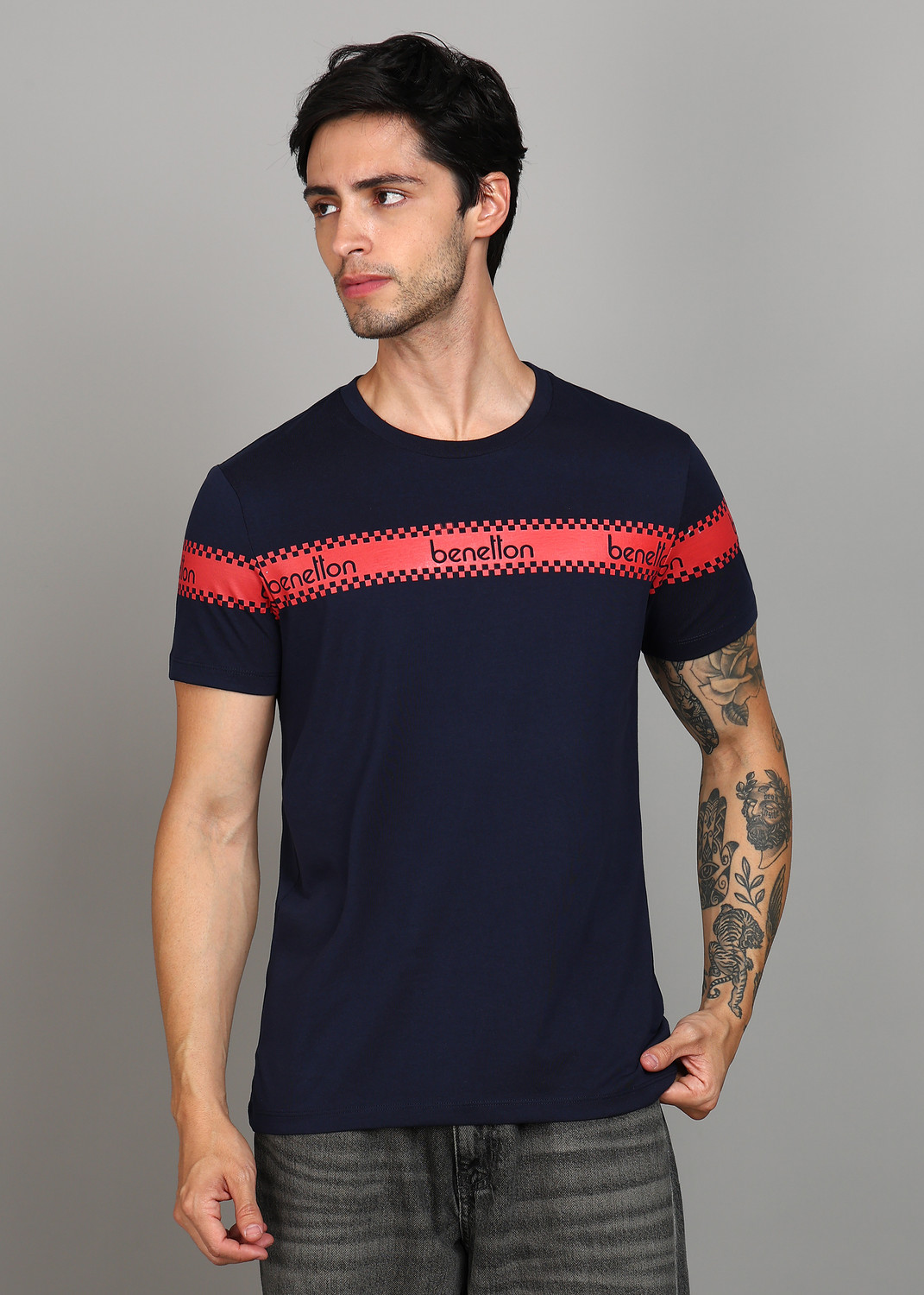 Image of United Colors of Benetton Men Solid High Neck Pure Cotton Navy Blue T-Shirt