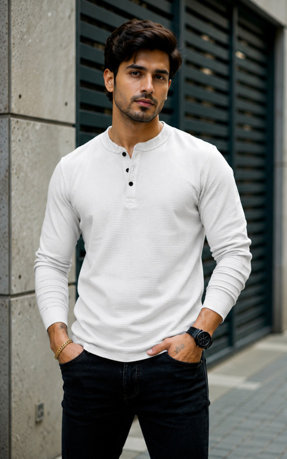 Image of NOOK Men Self Design Henley Neck Cotton Blend Pink T-Shirt