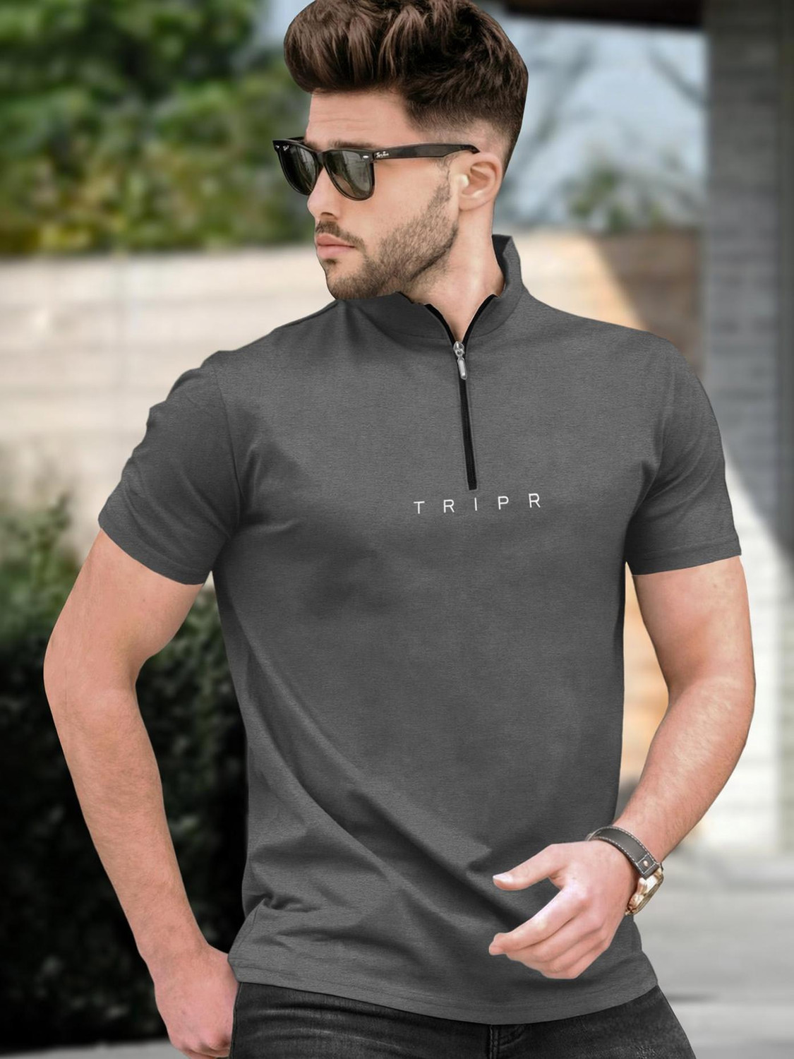 Image of TRIPR Men Solid Mandarin Collar Cotton Blend Black, White T-Shirt