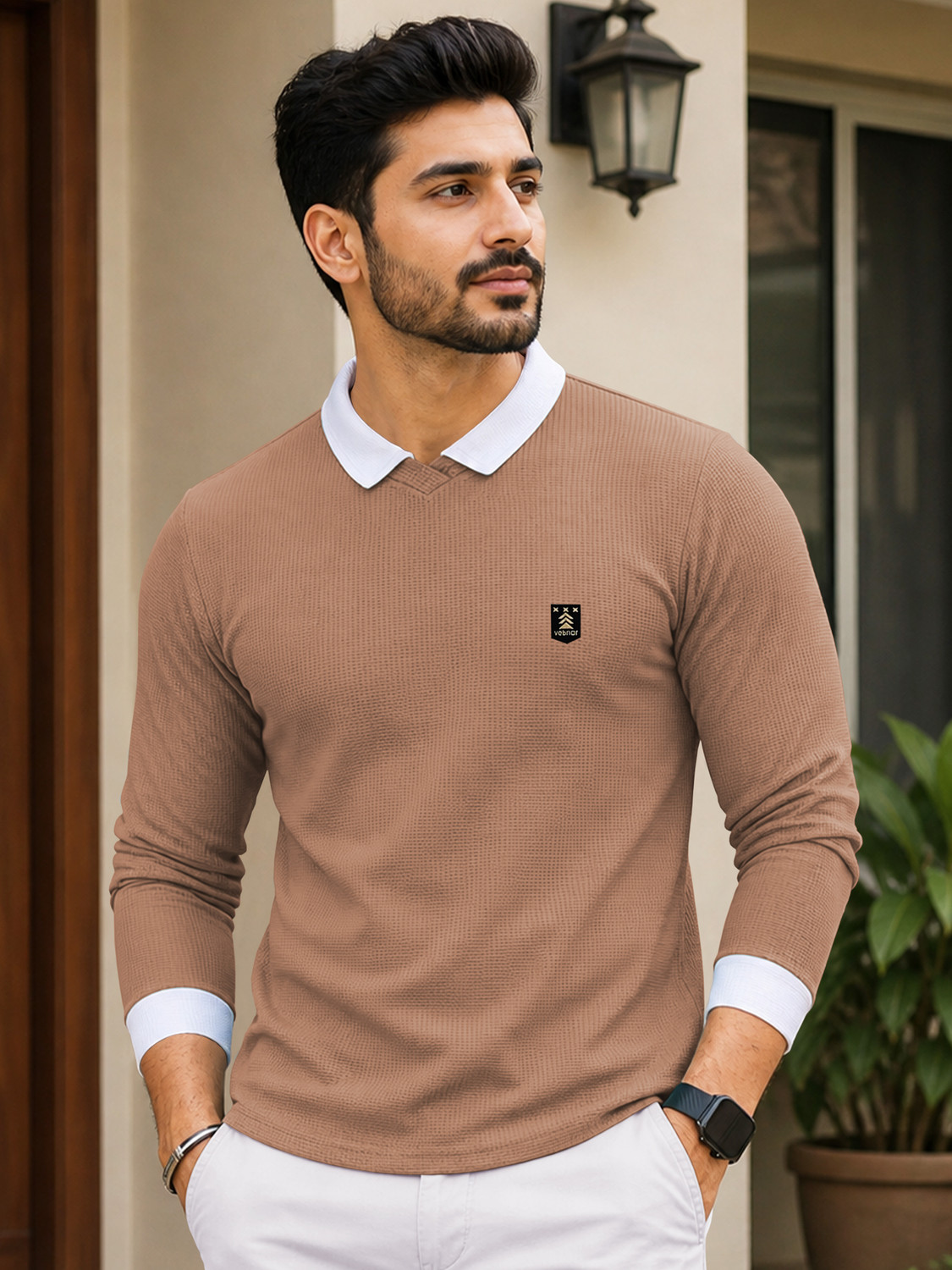 Image of Jump Cuts Men Printed Polo Neck Cotton Blend Beige T-Shirt
