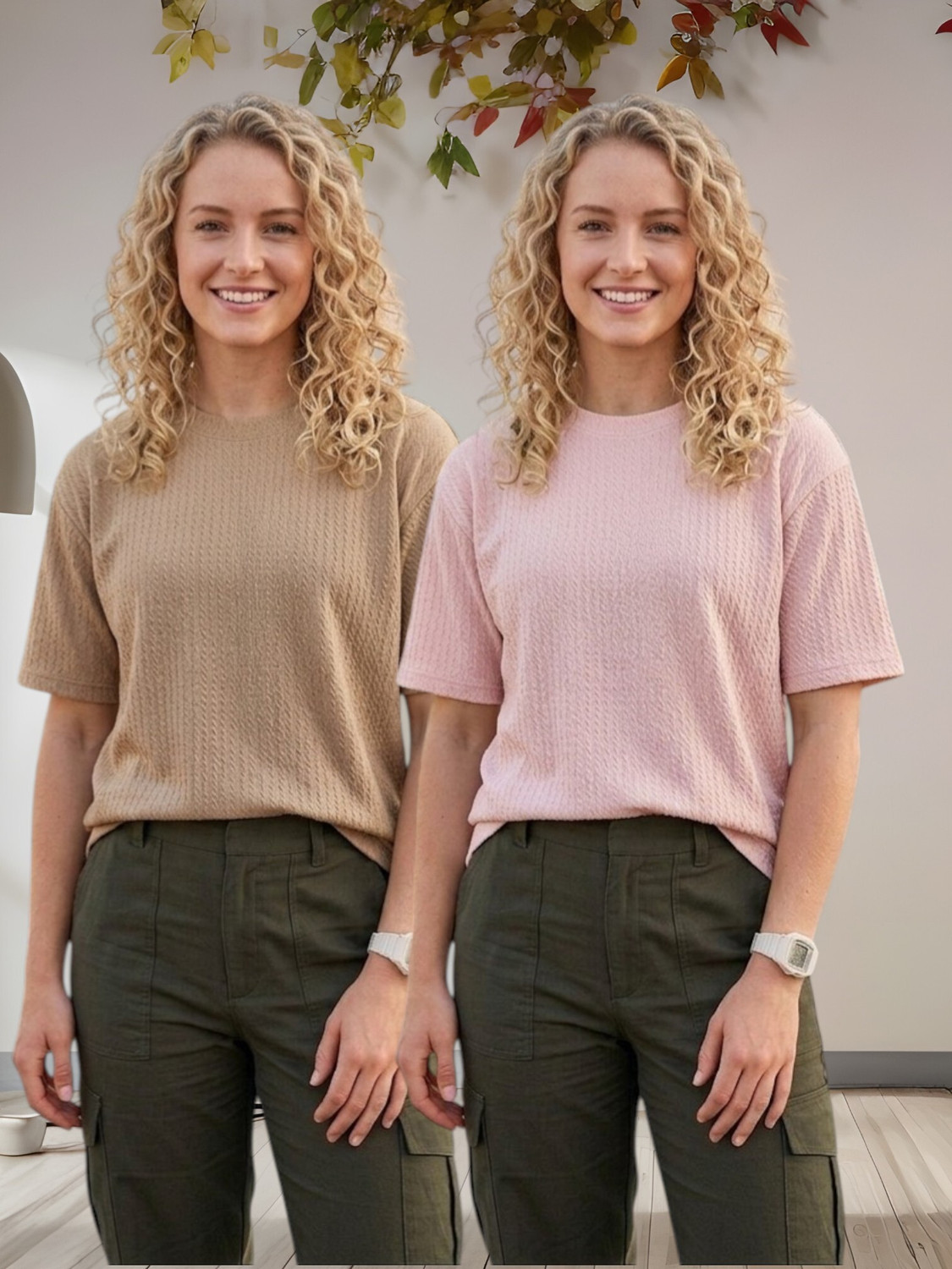 Image of ADIXUS Pack of 2 Women Solid Round Neck Polyester Maroon, White T-Shirt