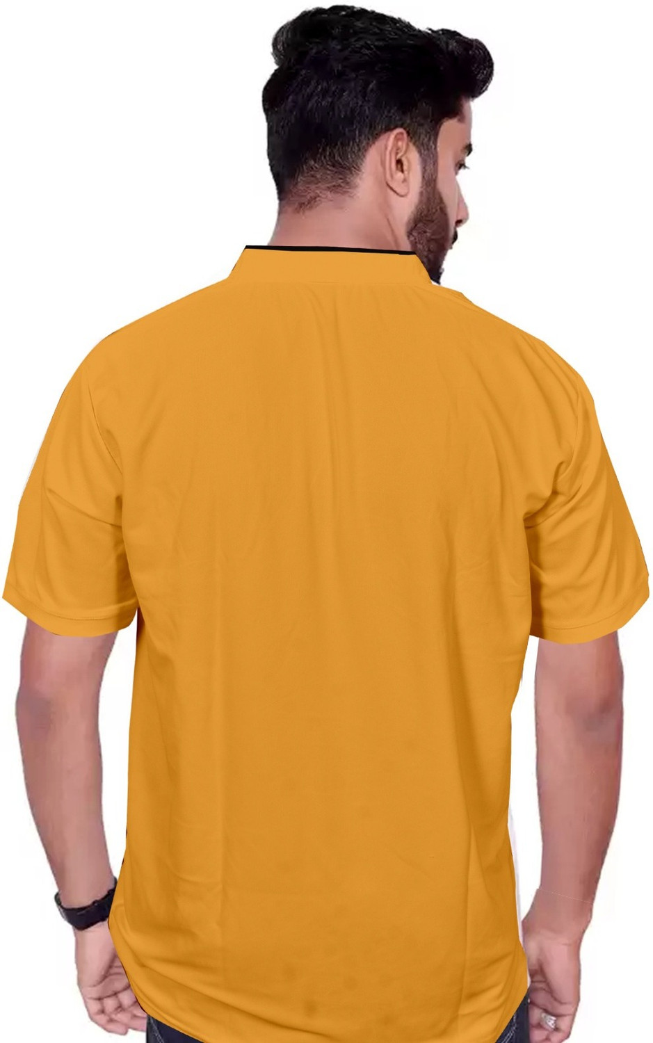 Image of Krivox Men Self Design Mandarin Collar Polyester Yellow T-Shirt