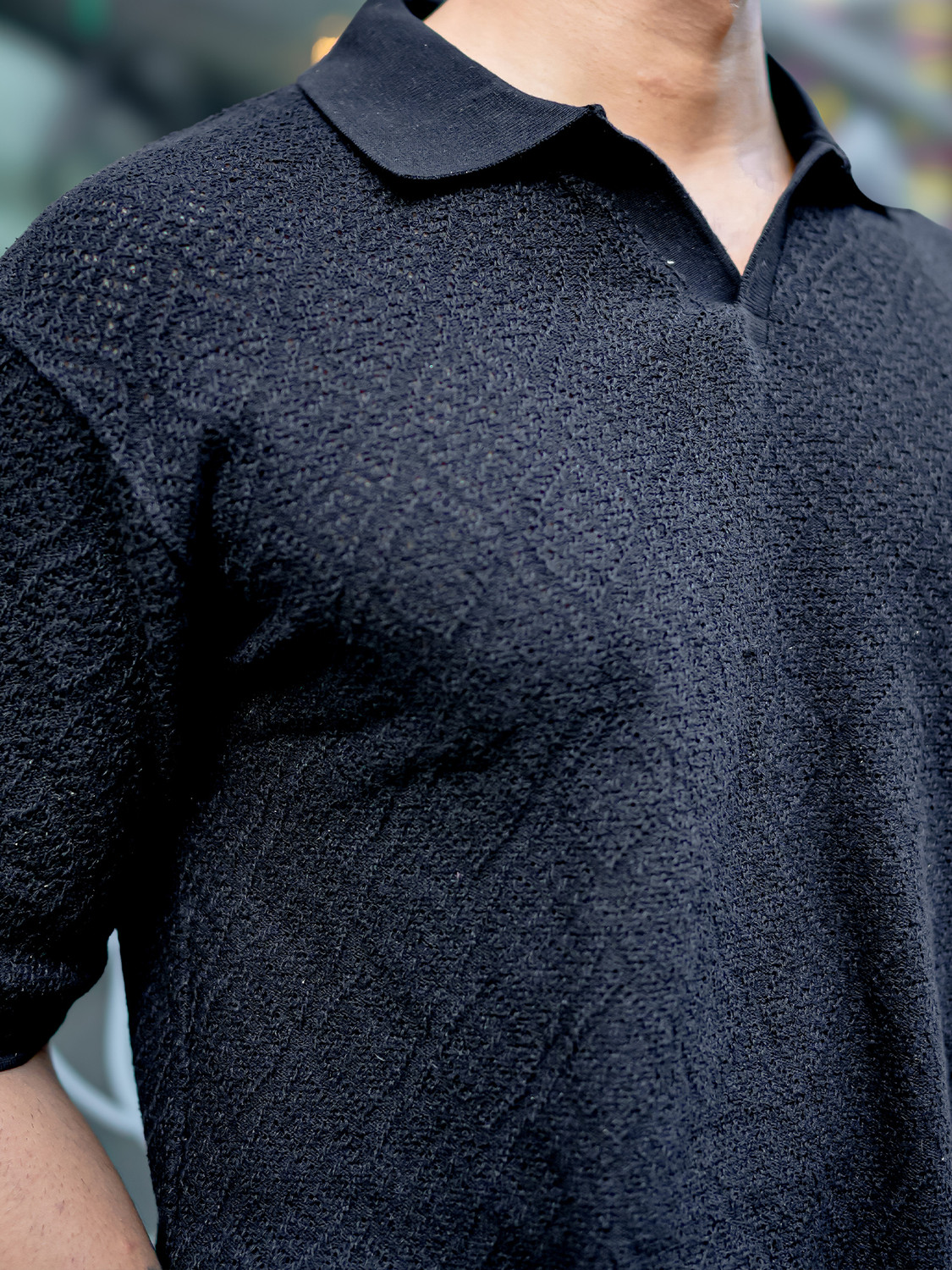 Image of MANIAC Men Solid Polo Neck Pure Cotton Black T-Shirt