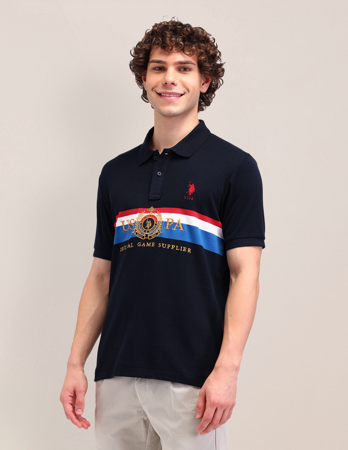 Image of U.S. POLO ASSN. Men Graphic Print Polo Neck Pure Cotton Blue T-Shirt