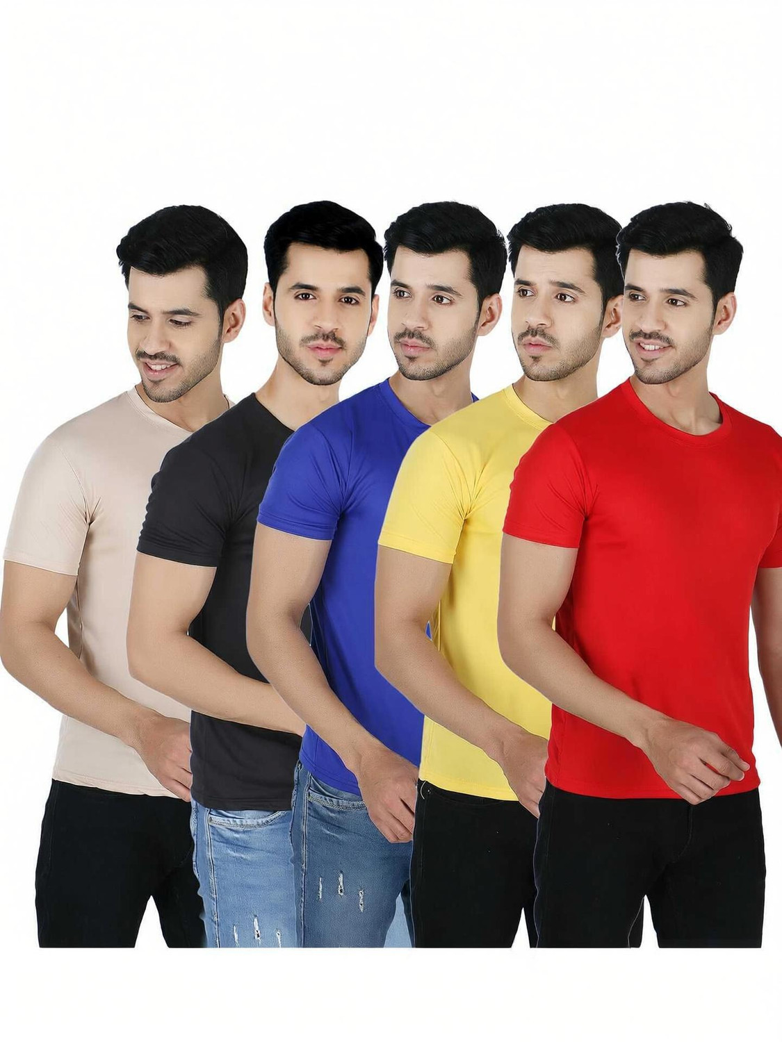 Image of TRIPR Men Solid Mandarin Collar Cotton Blend Navy Blue T-Shirt