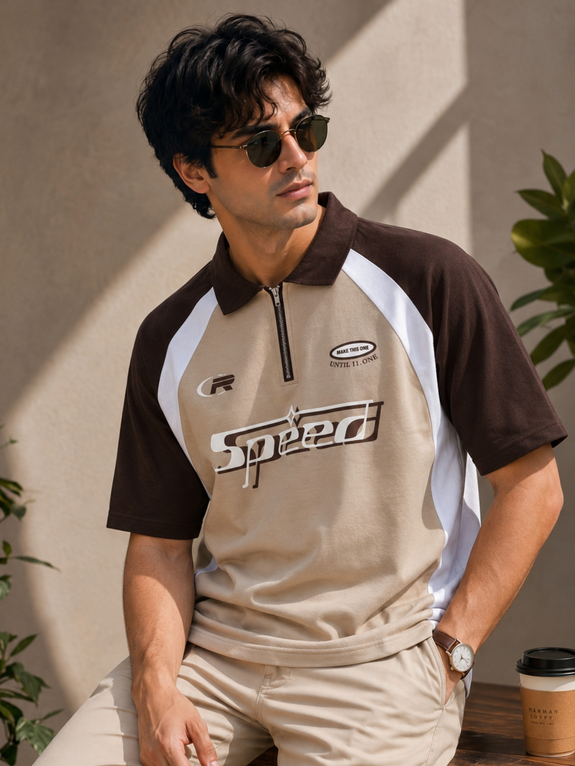 Image of Jump Cuts Men Printed Polo Neck Cotton Blend Brown T-Shirt