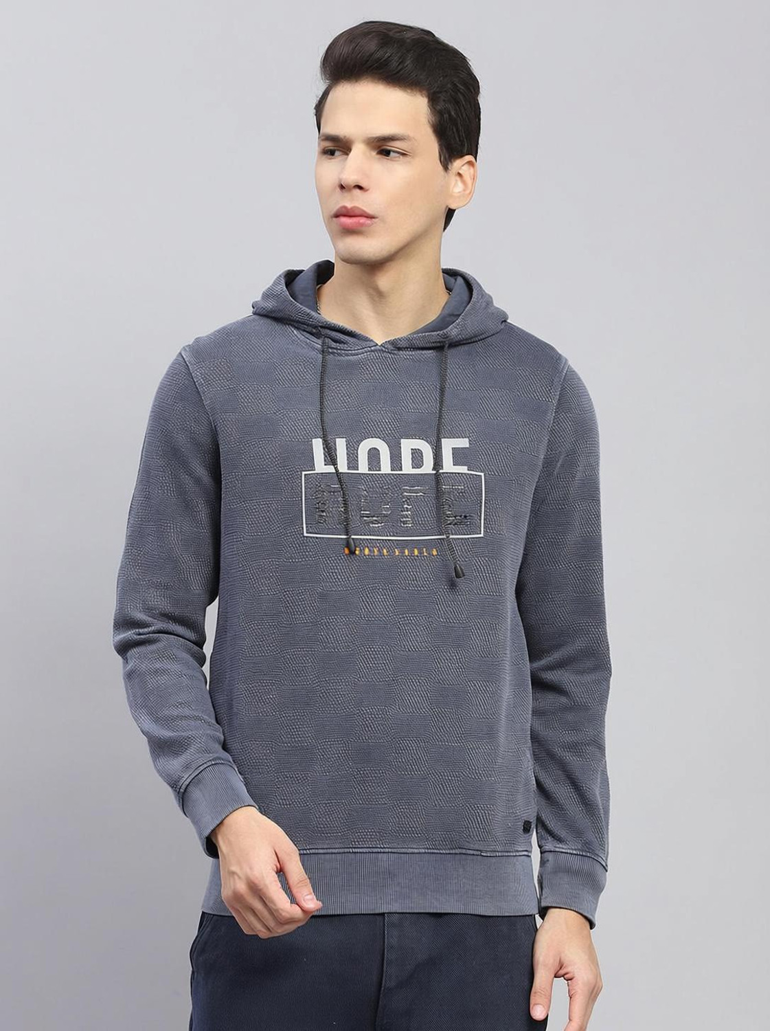 Image of MONTE CARLO Men Printed Hooded Neck Cotton Blend Grey T-Shirt