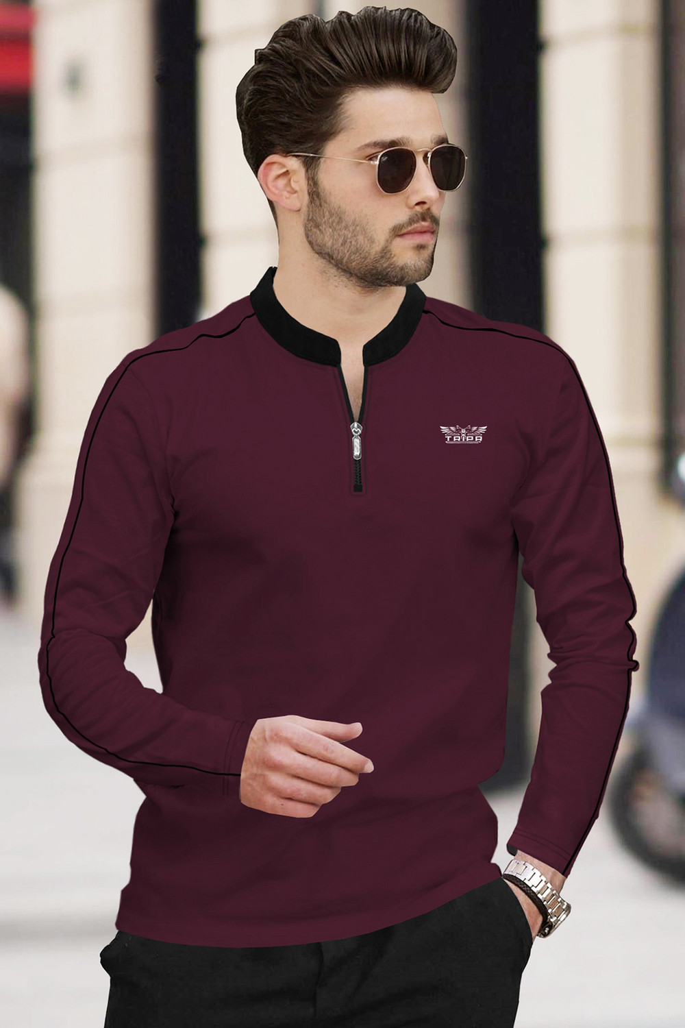 Image of TRIPR Men Solid Mandarin Collar Cotton Blend Maroon, Black T-Shirt