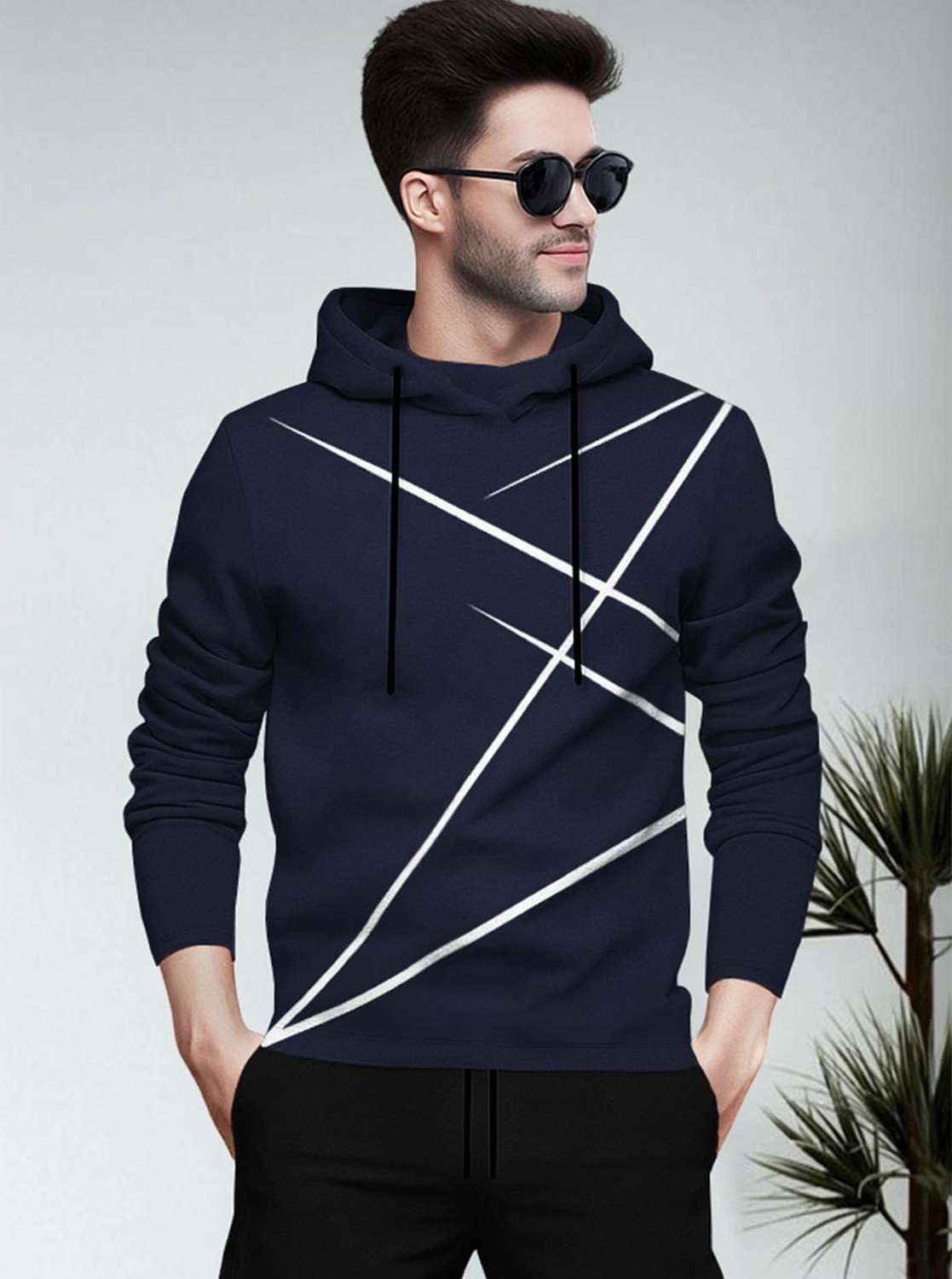 Image of BLIVE Men Printed Hooded Neck Cotton Blend Navy Blue, Yellow T-Shirt
