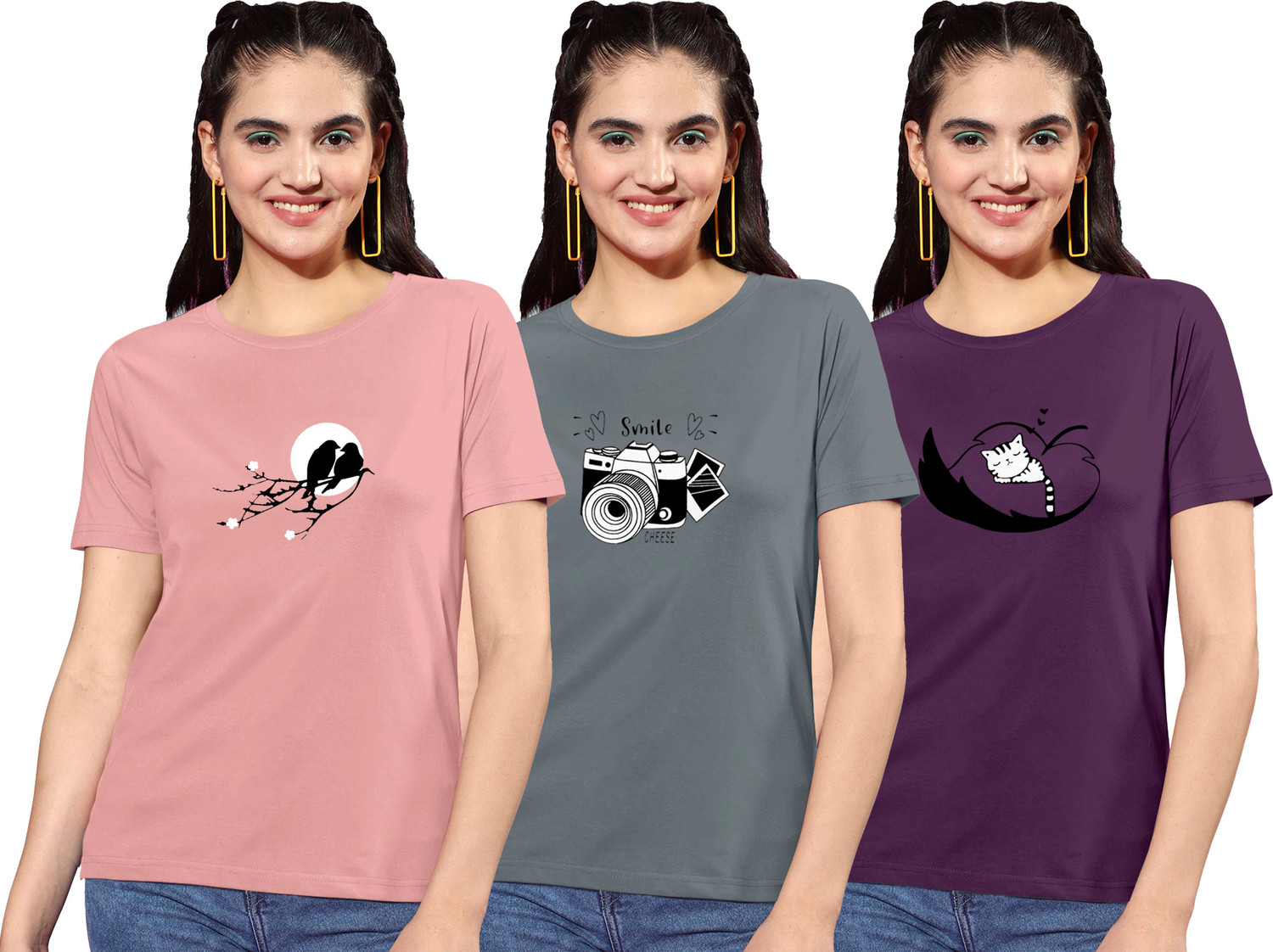 Image of Attirea Women Graphic Print Round Neck Polyester Pink T-Shirt