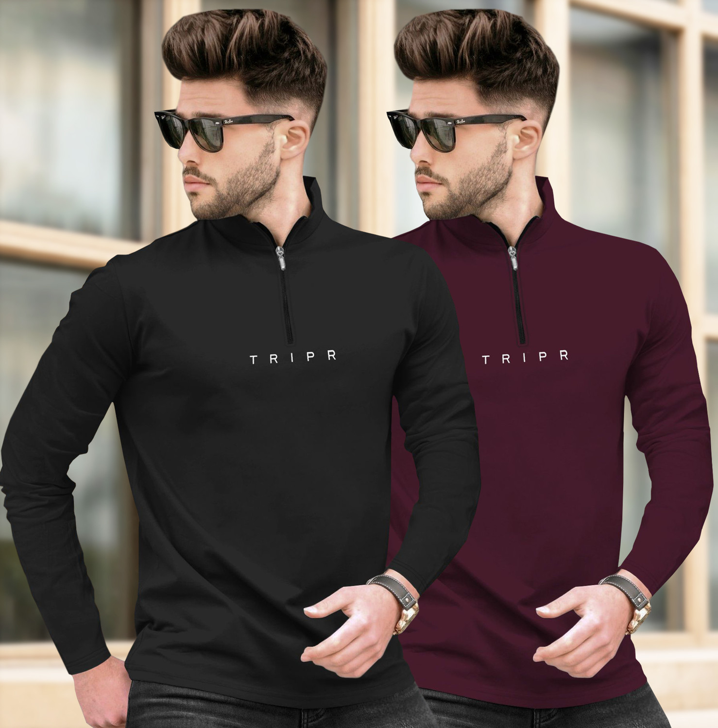 Image of TRIPR Men Solid Mandarin Collar Cotton Blend Pink T-Shirt