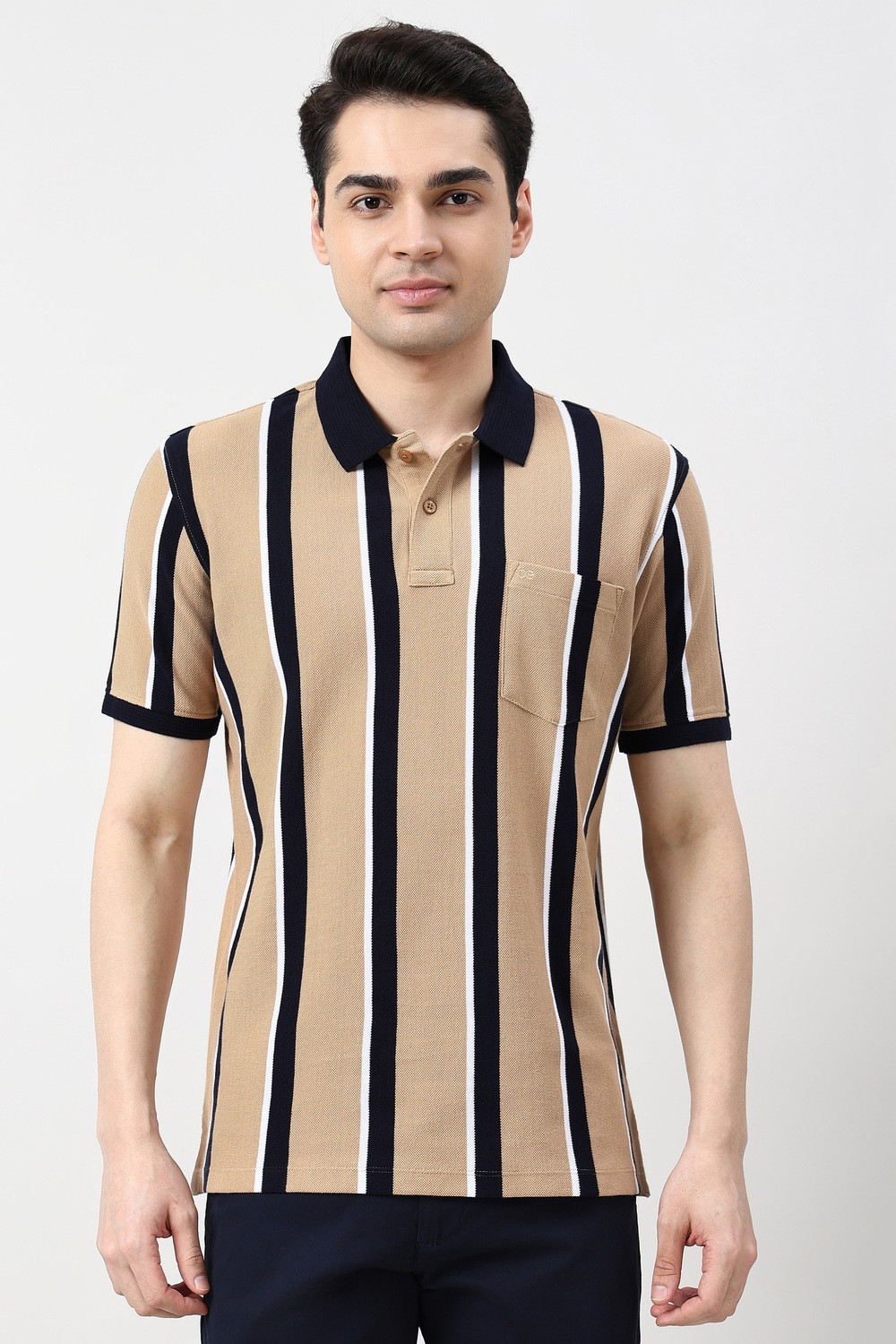 Image of PETER ENGLAND Men Striped Polo Neck Polycotton Blue T-Shirt