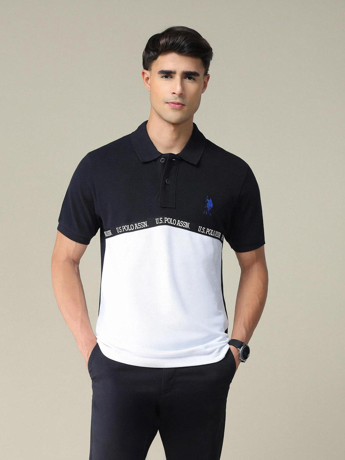 Image of U.S. POLO ASSN. Men Solid Polo Neck Pure Cotton White T-Shirt