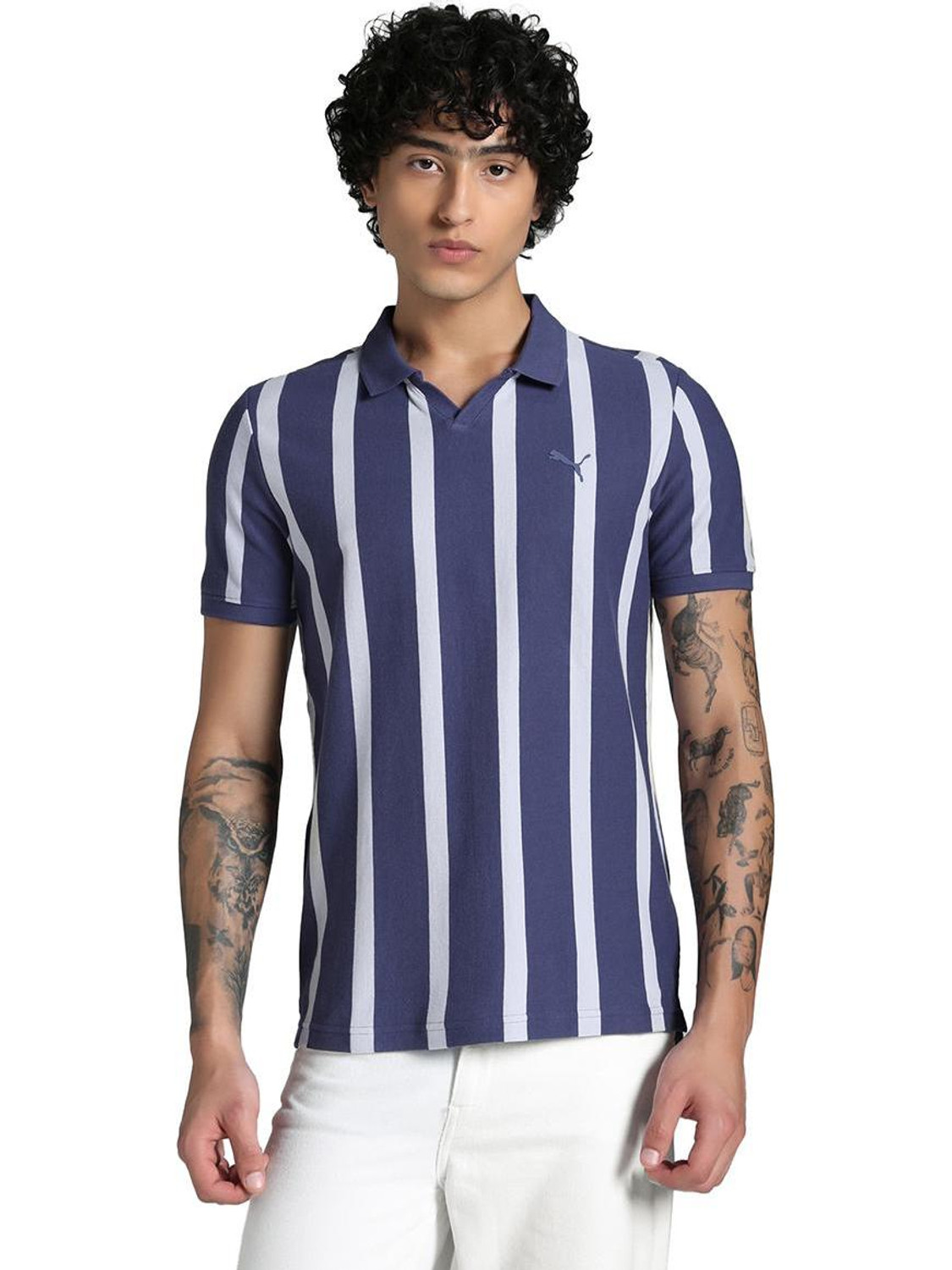 Image of PUMA Men Printed Polo Neck Cotton Blend Pink T-Shirt