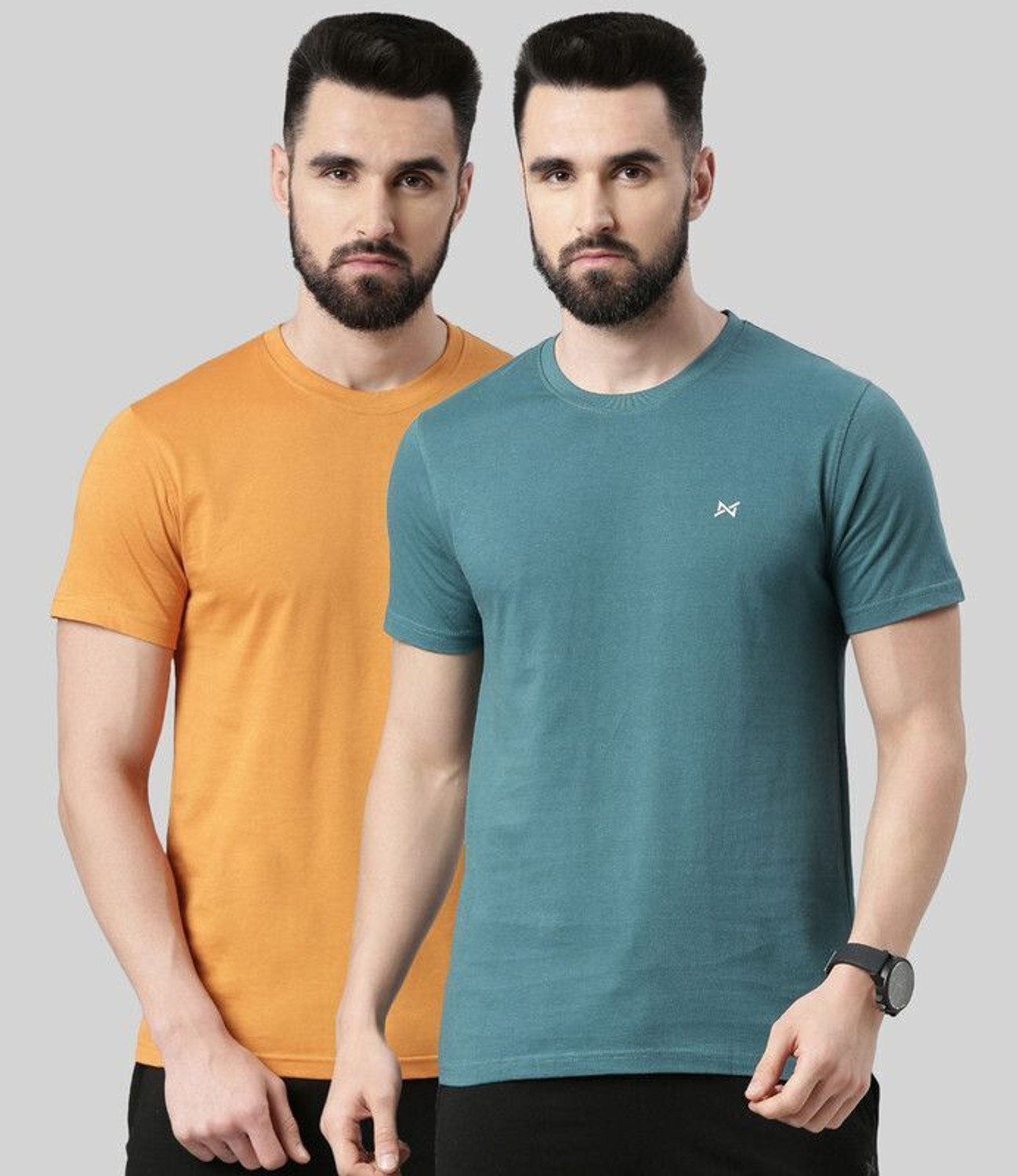 Image of Force NXT Pack of 2 Super Combed Cotton Men Solid Round Neck Pure Cotton Dark Blue, Yellow T-Shirt