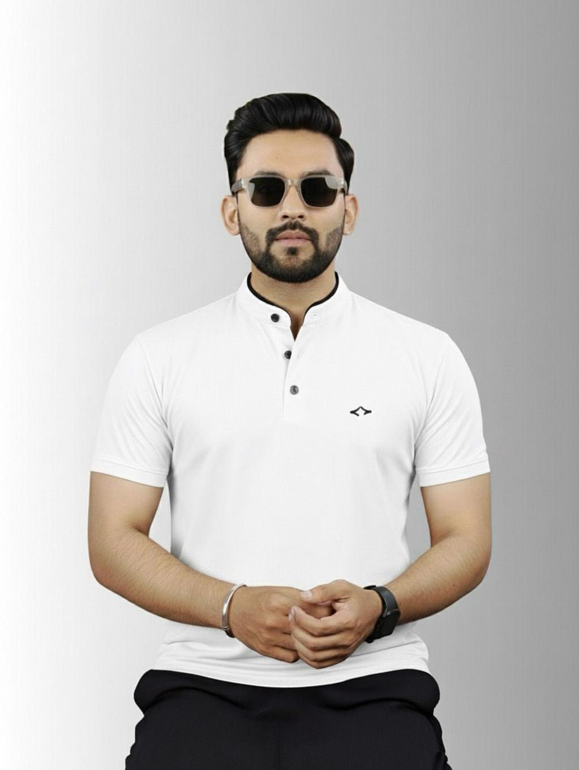 Image of TRIPR Men Solid Mandarin Collar Cotton Blend White T-Shirt