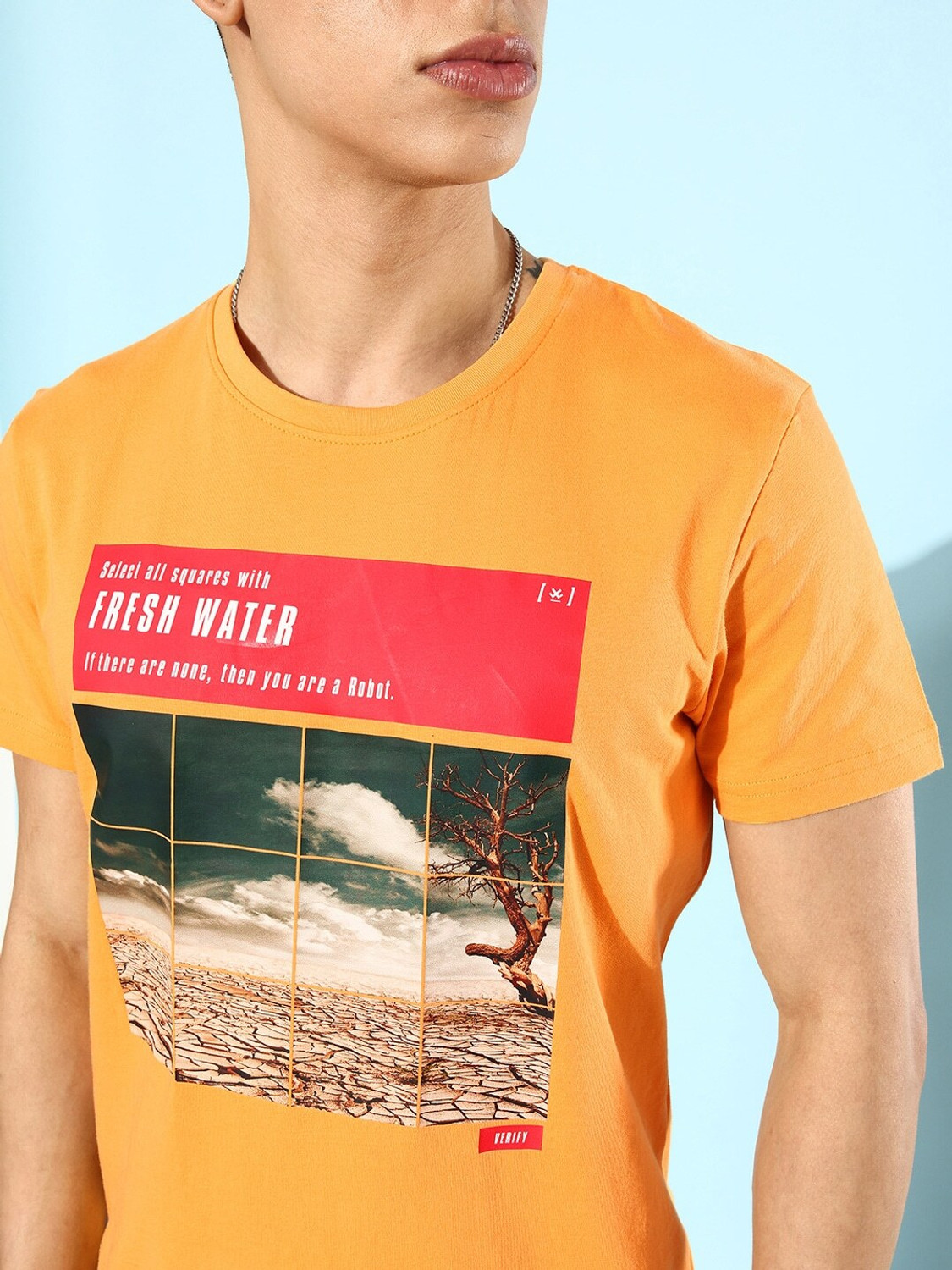 Image of WROGN Men Solid Crew Neck Pure Cotton Yellow T-Shirt